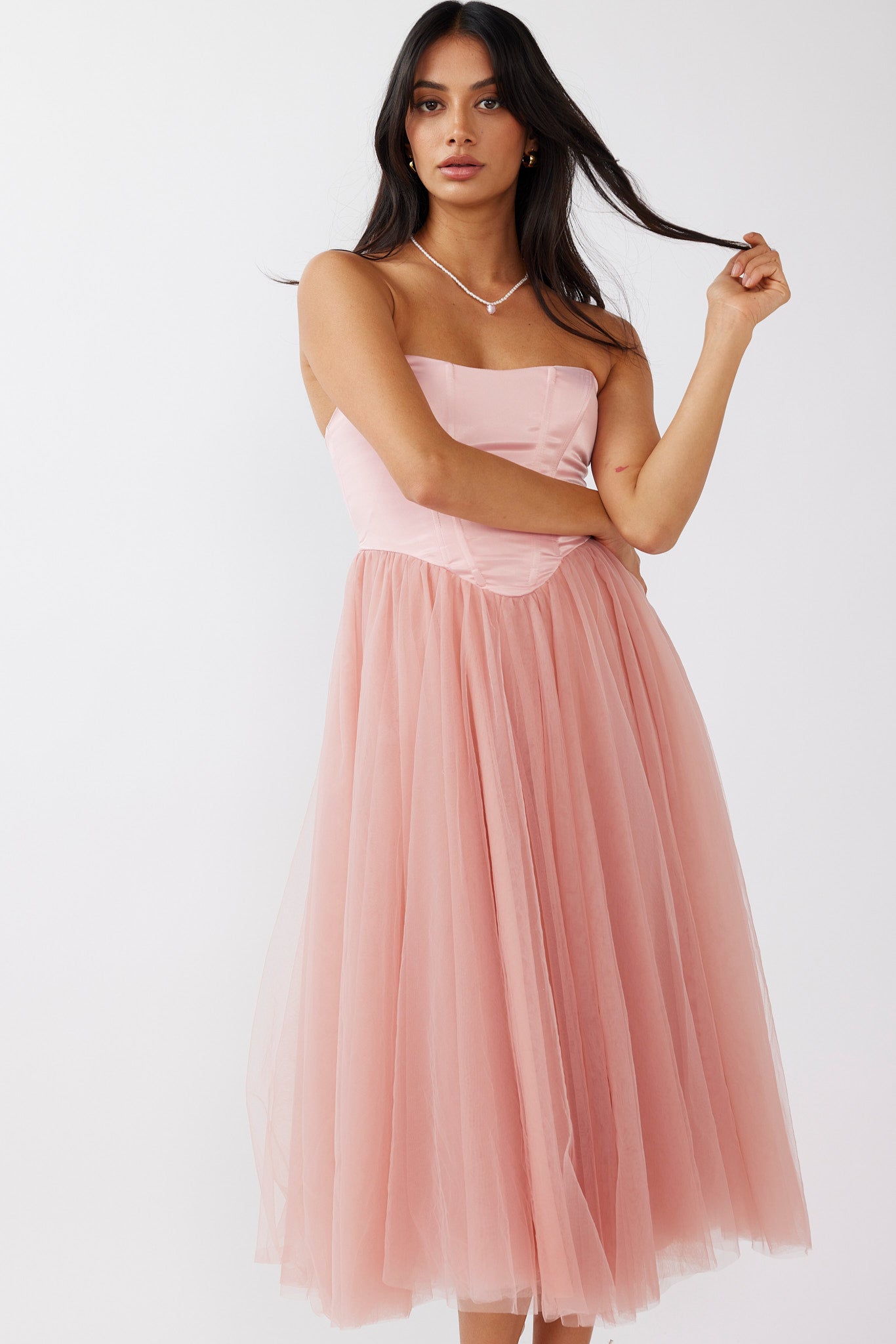 Rosemary Tulle Bustier Midi Dress Pink by Selfie Leslie
