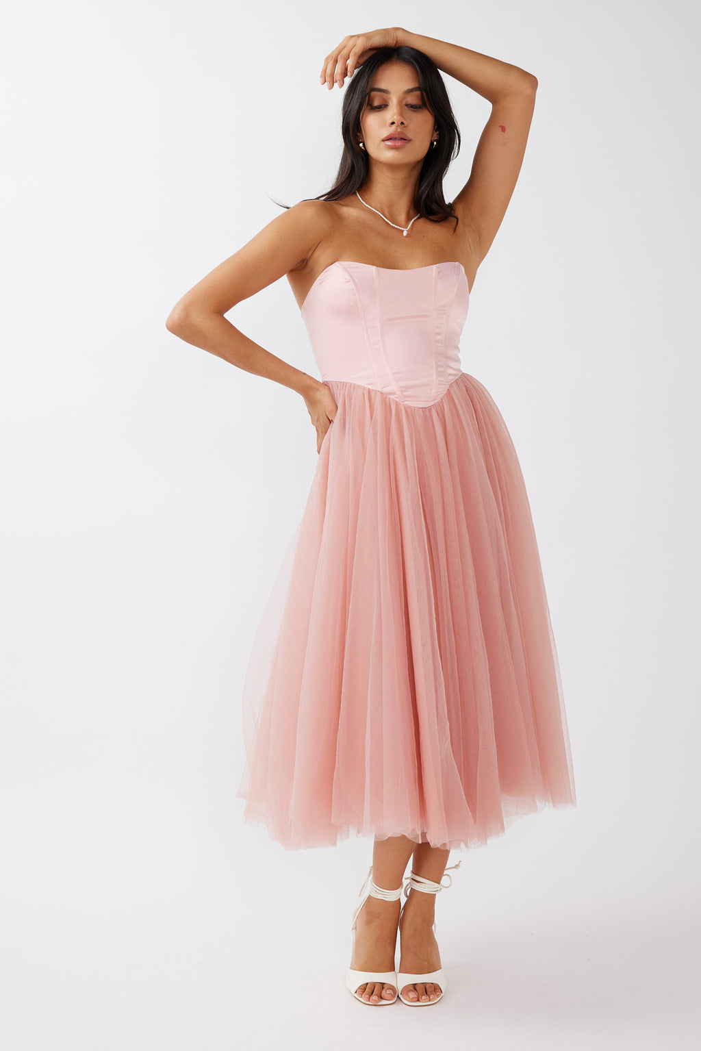 Rosemary Tulle Bustier Midi Dress Pink by Selfie Leslie