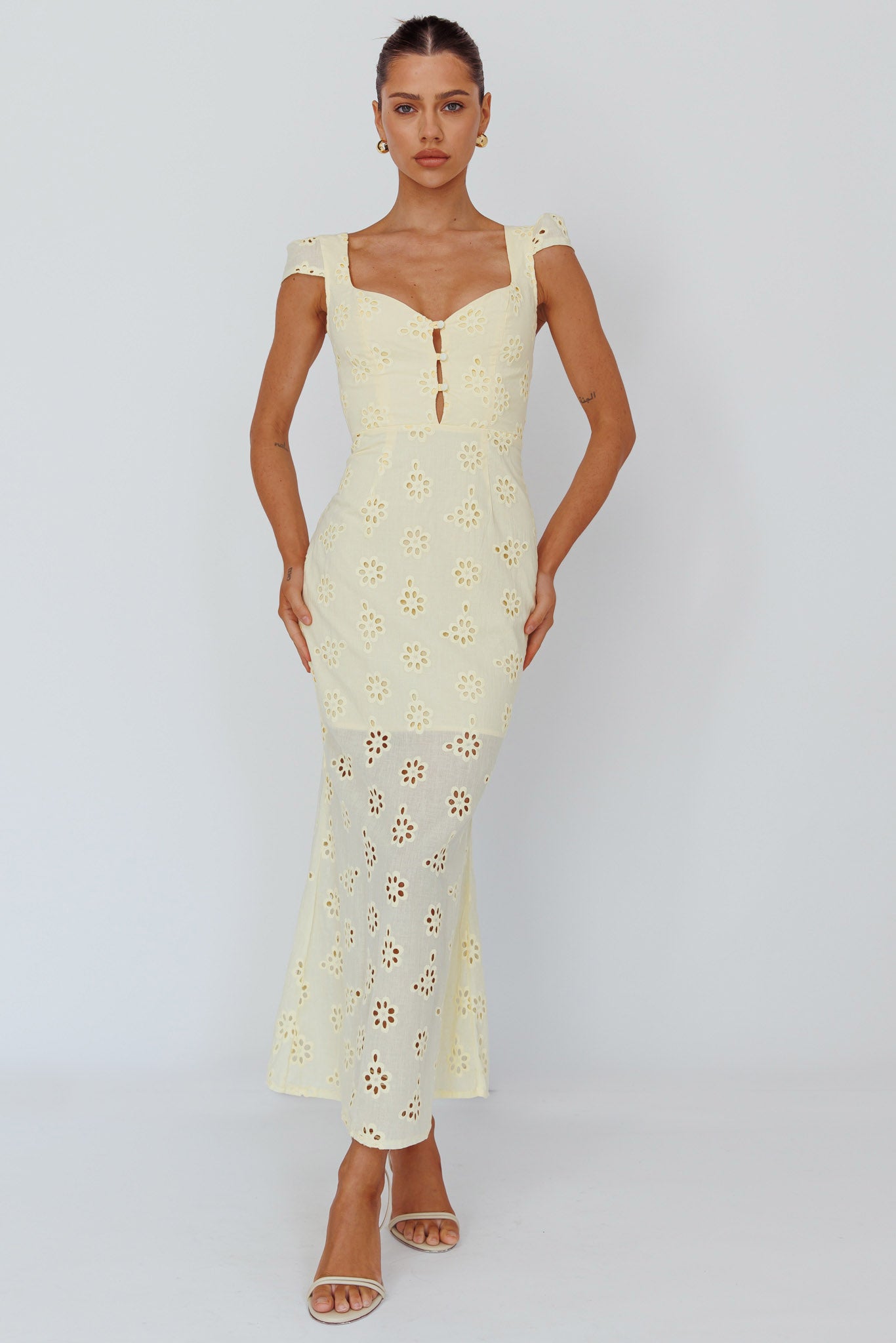 Bohemian Sun Cap Sleeve Eyelet Midi Dress Yellow by Selfie Leslie