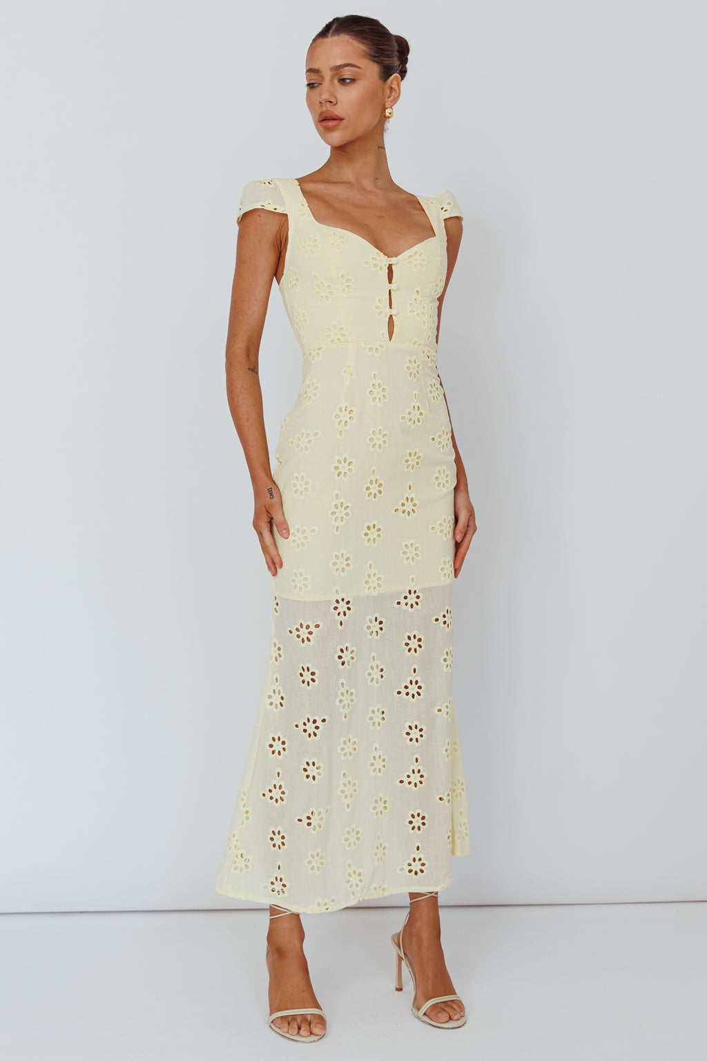 Bohemian Sun Cap Sleeve Eyelet Midi Dress Yellow by Selfie Leslie