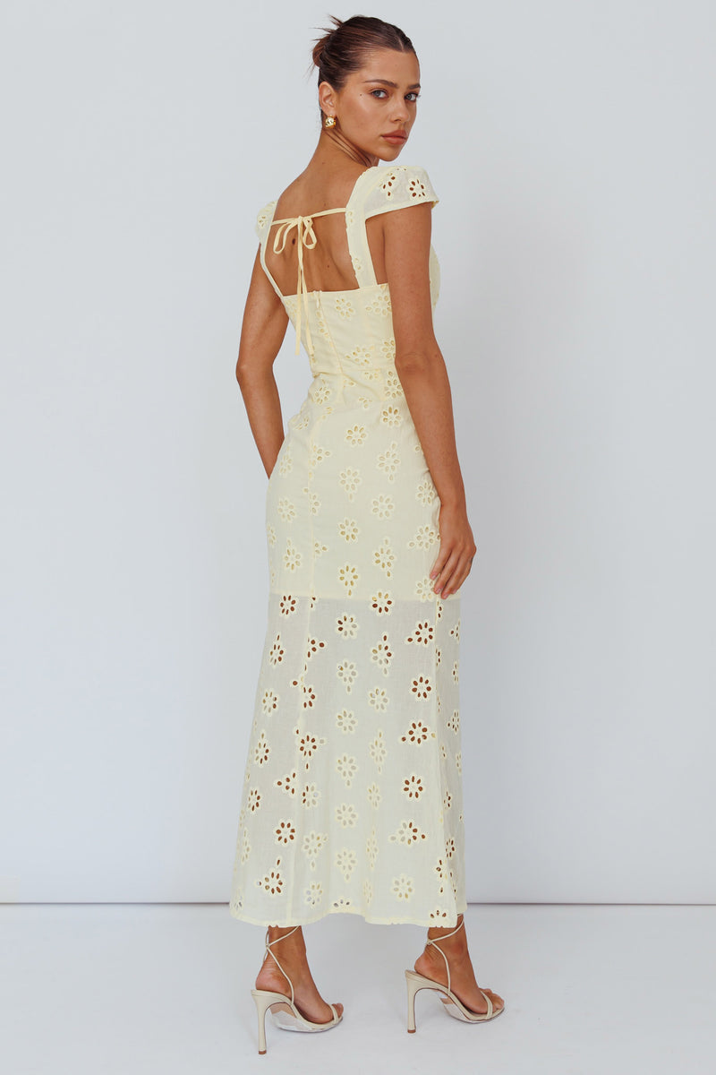 Cannes Yellow Eyelet Embroidered Layered Ruffle Smocked Short Sleeve Mini Dress