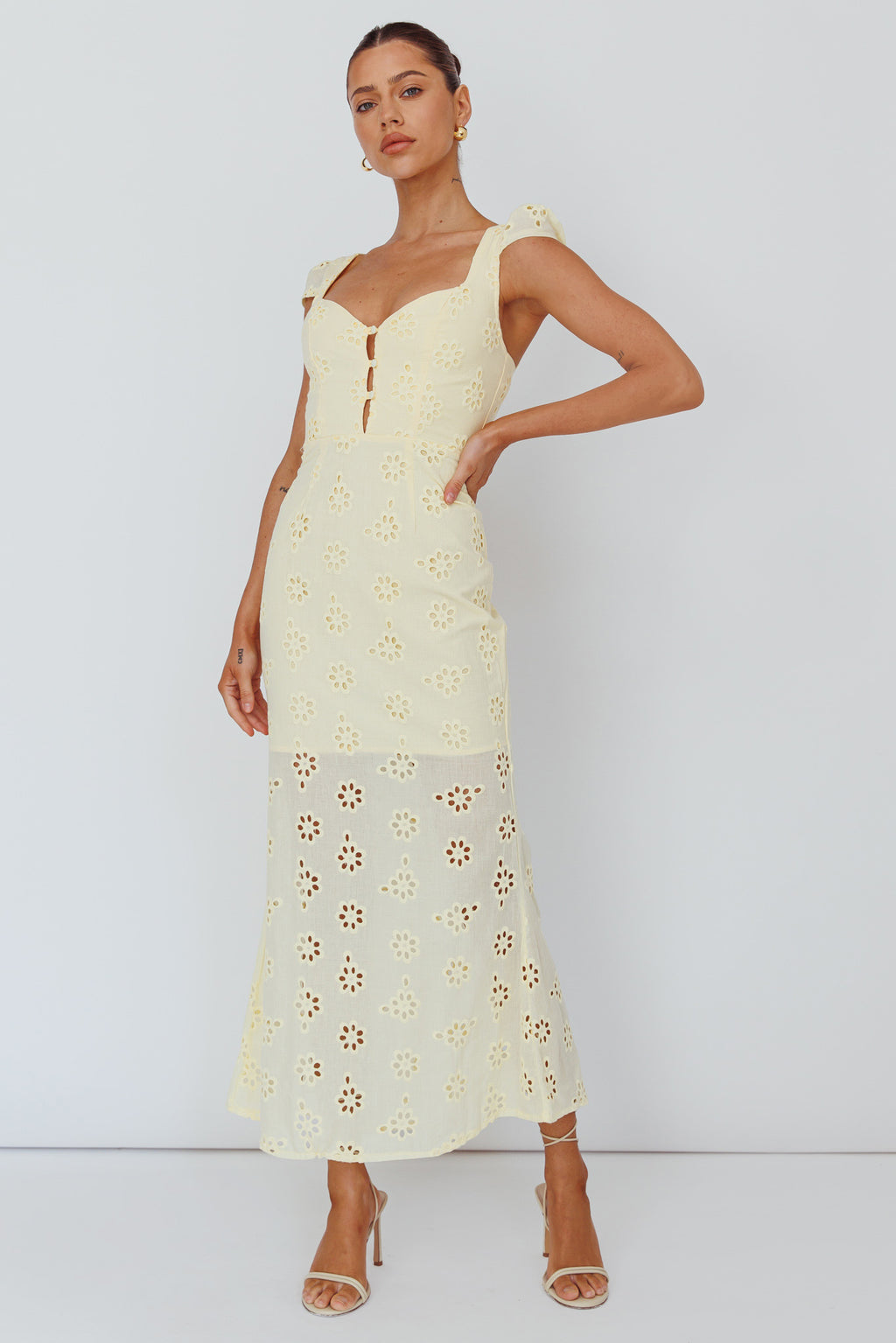 Bohemian Sun Cap Sleeve Eyelet Midi Dress Yellow by Selfie Leslie