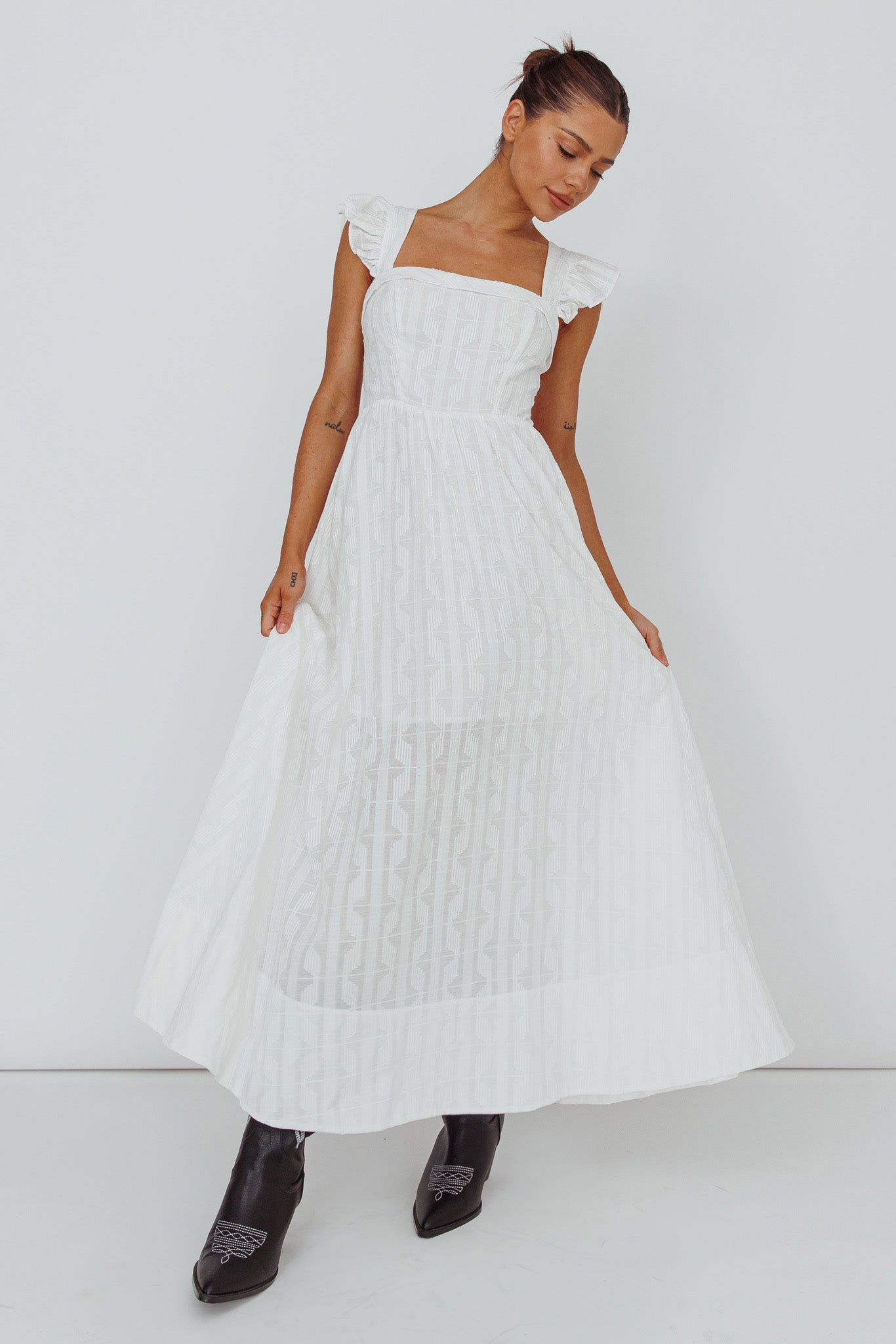 Greatest Hits Ruffle Strap Maxi Dress White by Selfie Leslie