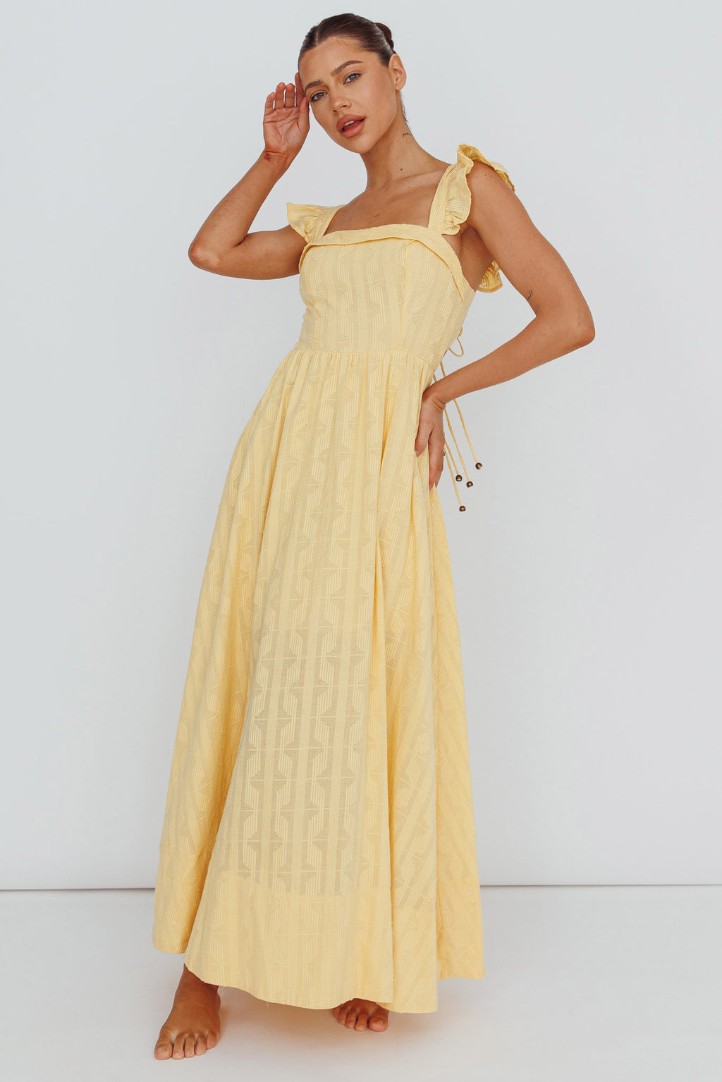 Greatest Hits Ruffle Strap Maxi Dress Yellow by Selfie Leslie