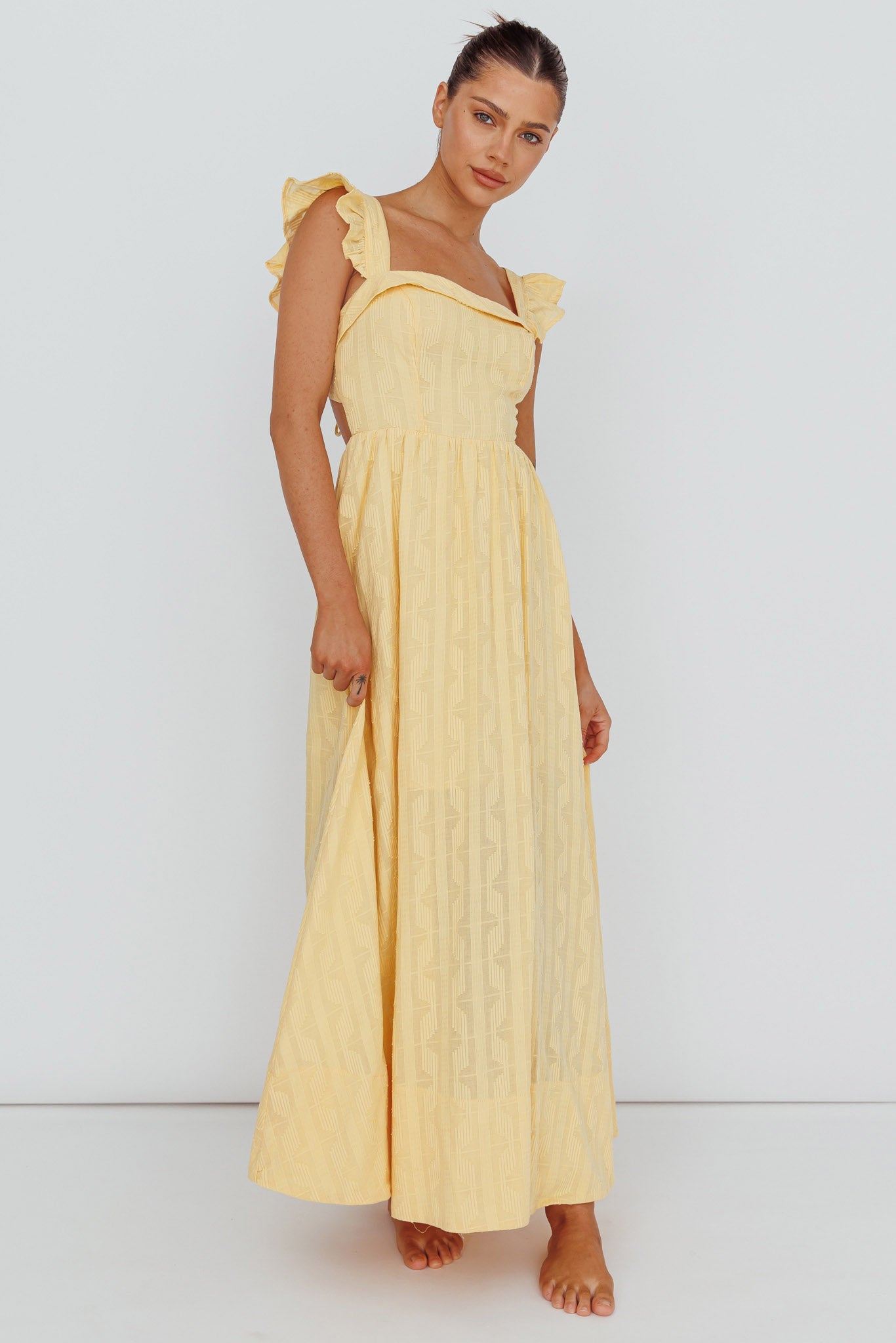 Greatest Hits Ruffle Strap Maxi Dress Yellow by Selfie Leslie