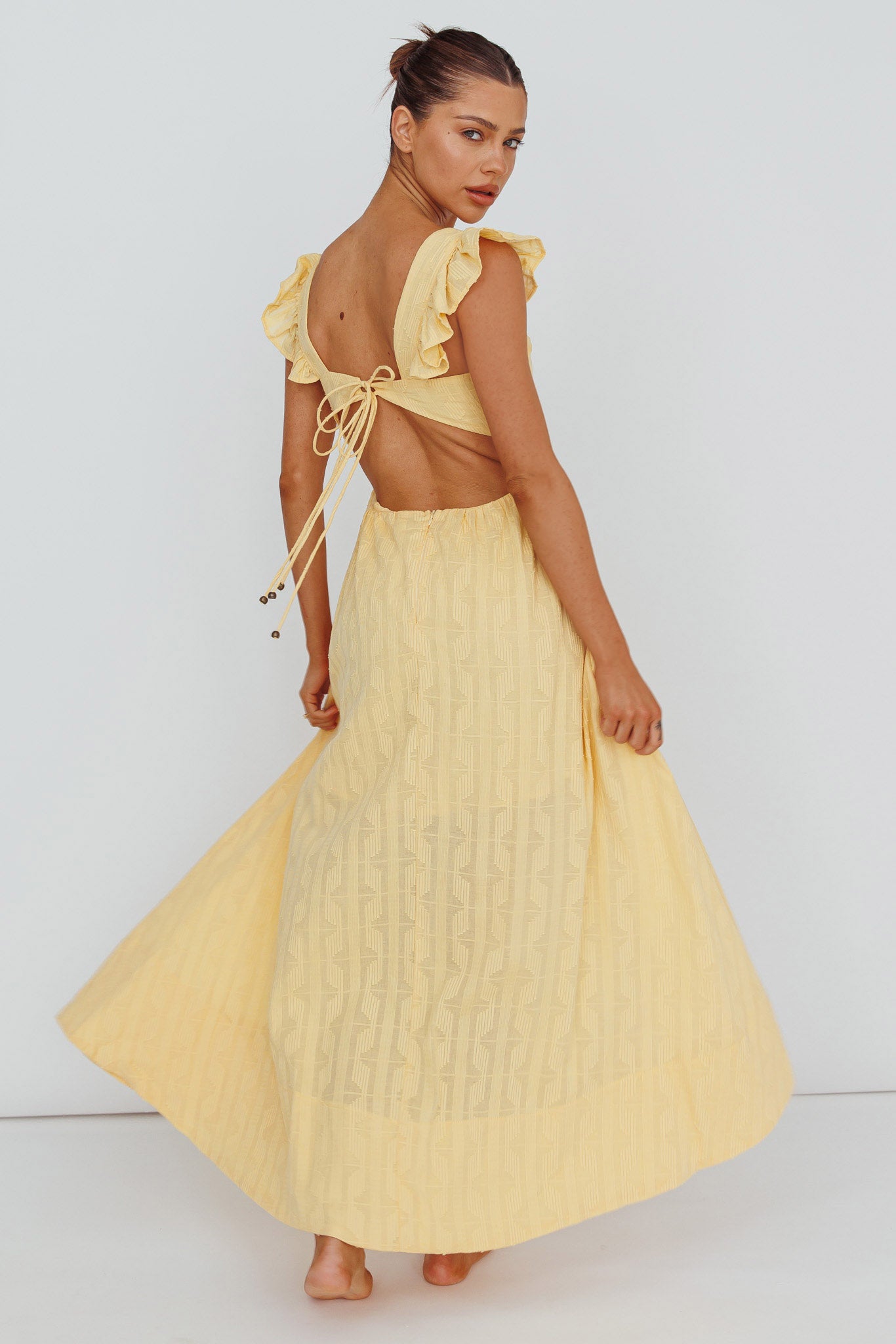 Greatest Hits Ruffle Strap Maxi Dress Yellow by Selfie Leslie