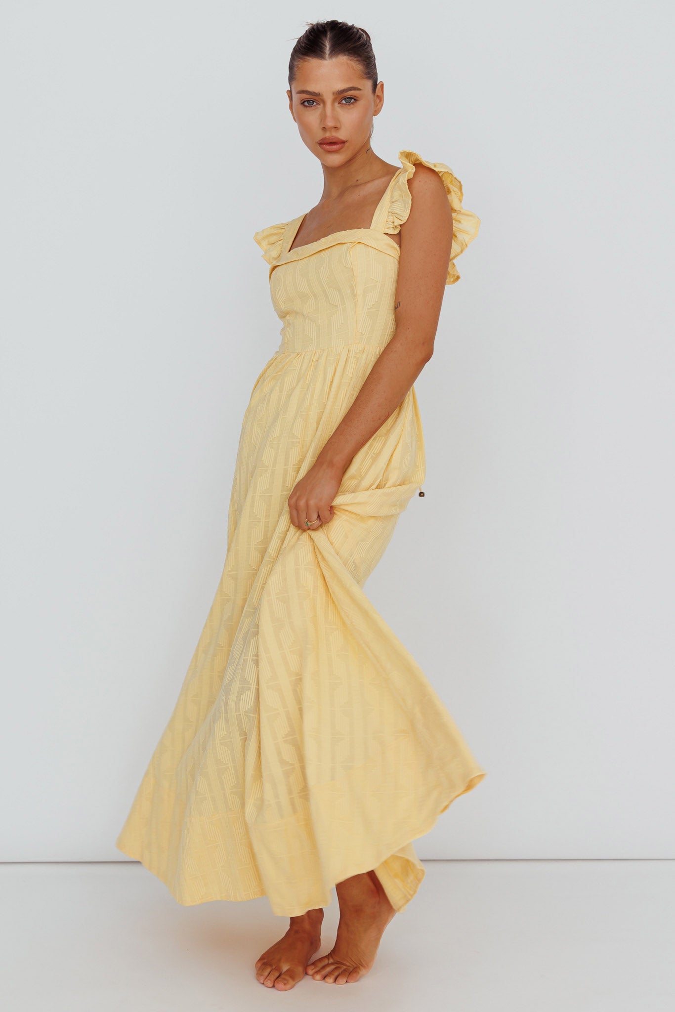 Greatest Hits Ruffle Strap Maxi Dress Yellow by Selfie Leslie