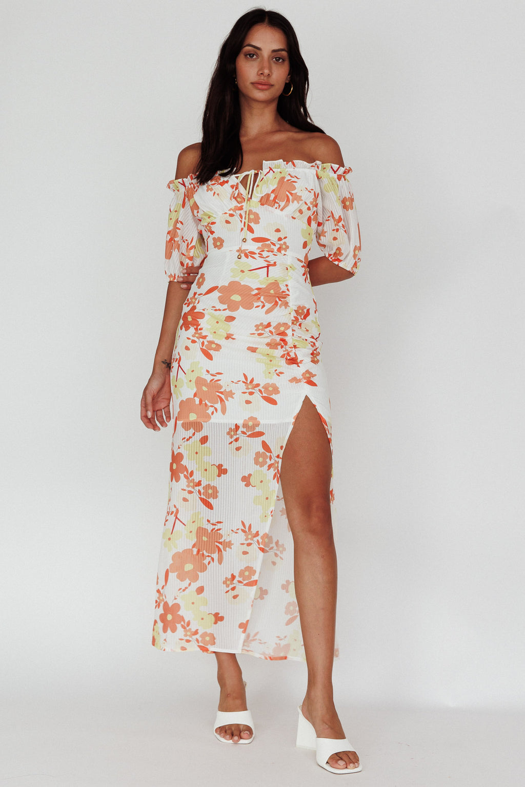 Jalynn Off-Shoulder Split Midi Dress Floral Orange by Selfie Leslie