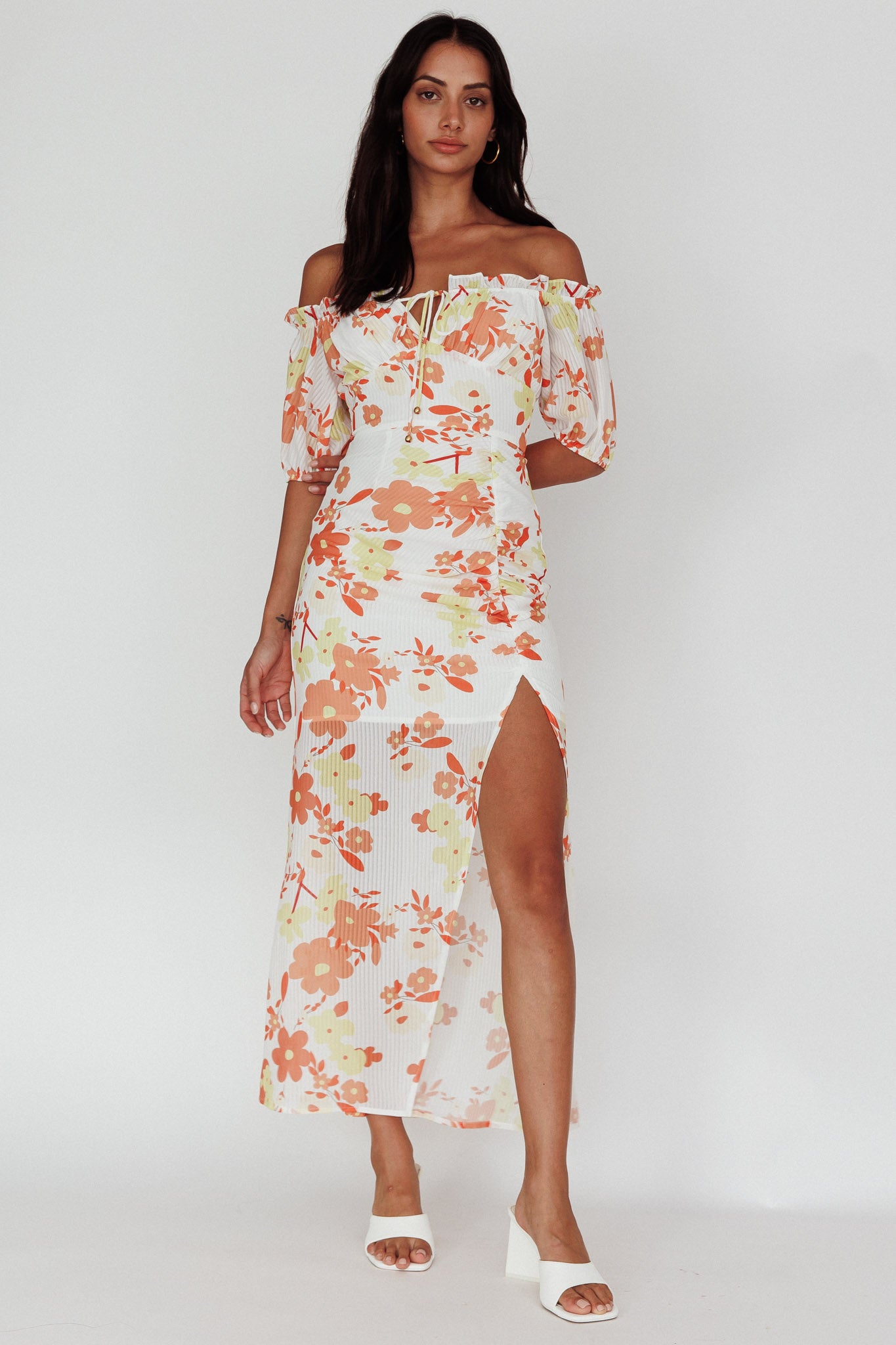 Jalynn Off-Shoulder Split Midi Dress Floral Orange by Selfie Leslie
