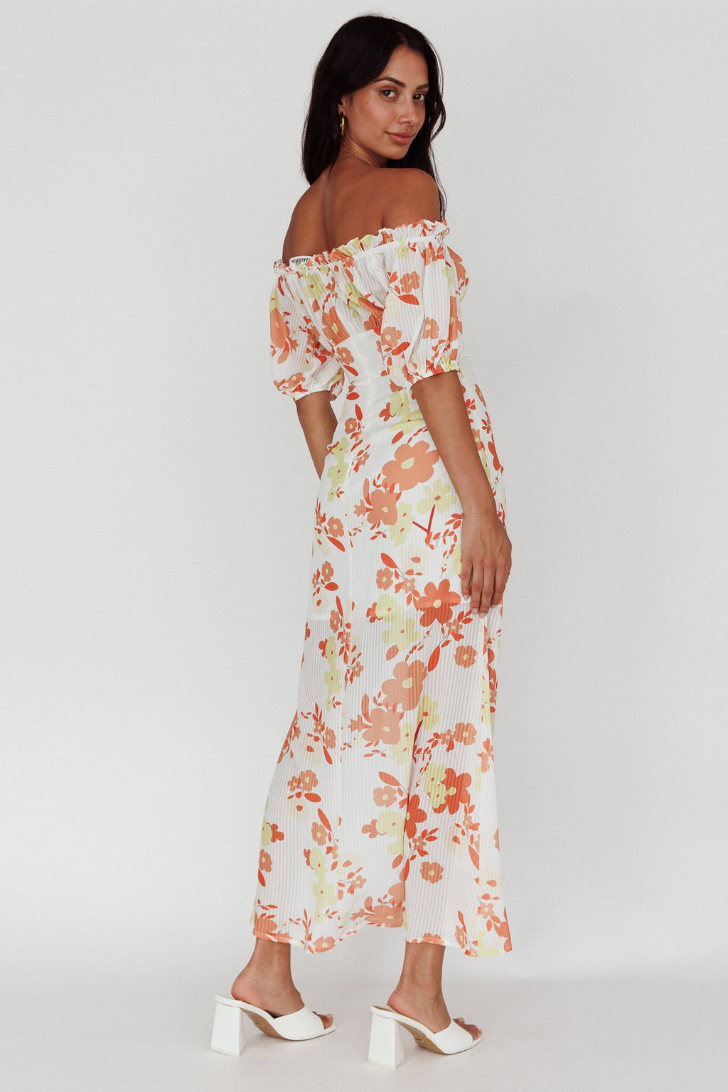 Jalynn Off-Shoulder Split Midi Dress Floral Orange by Selfie Leslie