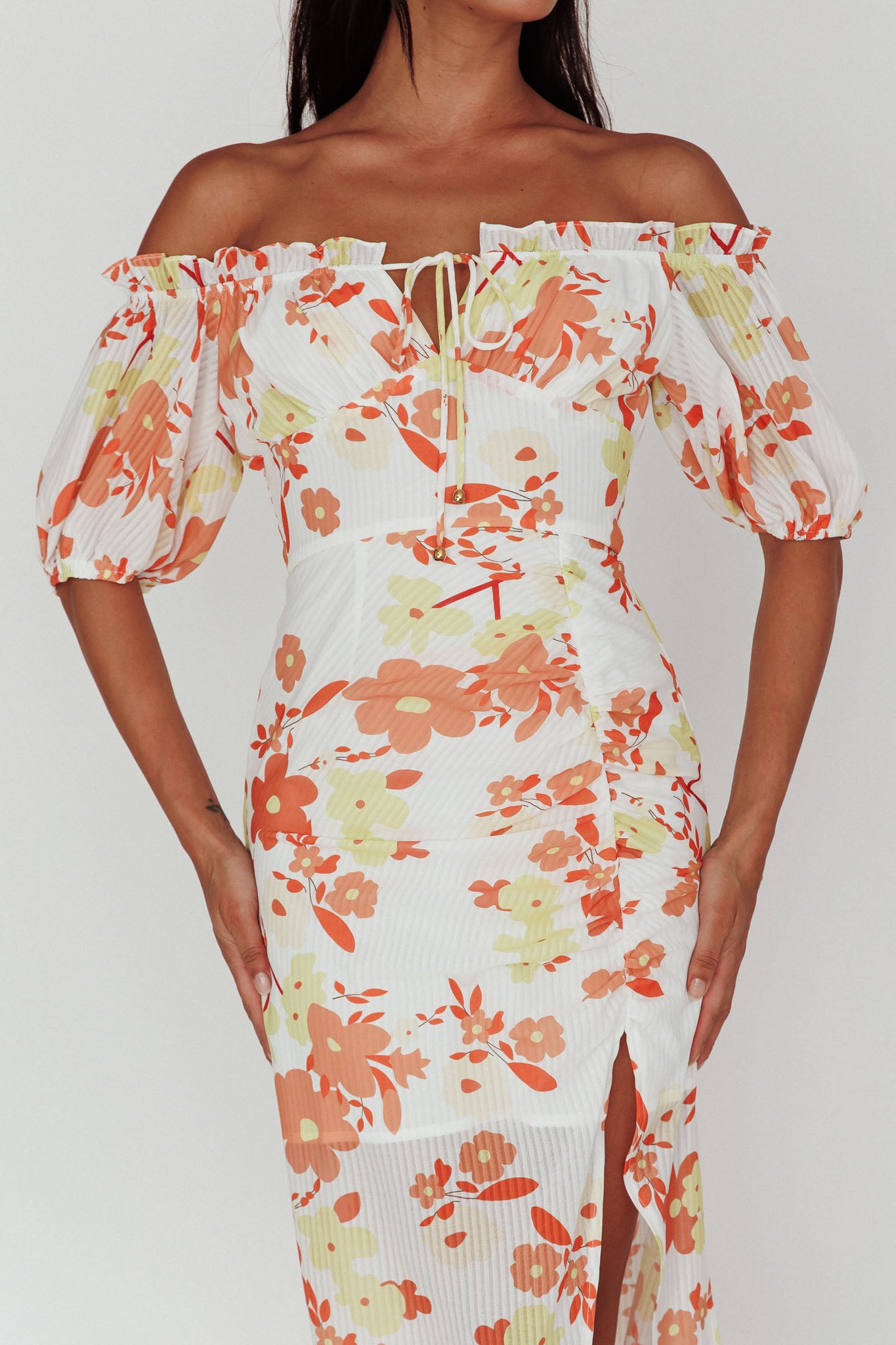 Jalynn Off-Shoulder Split Midi Dress Floral Orange by Selfie Leslie