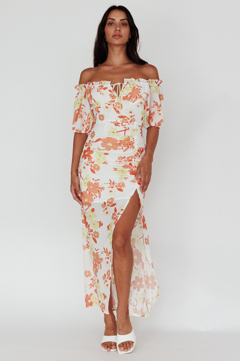 Jalynn Off-Shoulder Split Midi Dress Floral Orange by Selfie Leslie