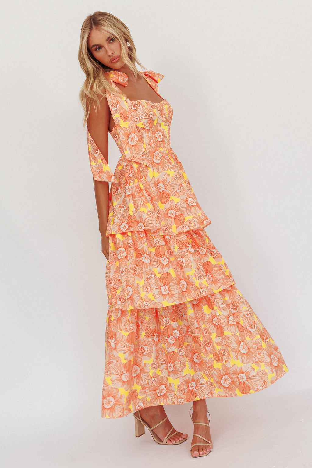 Arlowe Tied Shoulder Tiered Midi Dress Floral Orange Arlowe Tied Shoulder Tiered Midi Dress Floral Orange