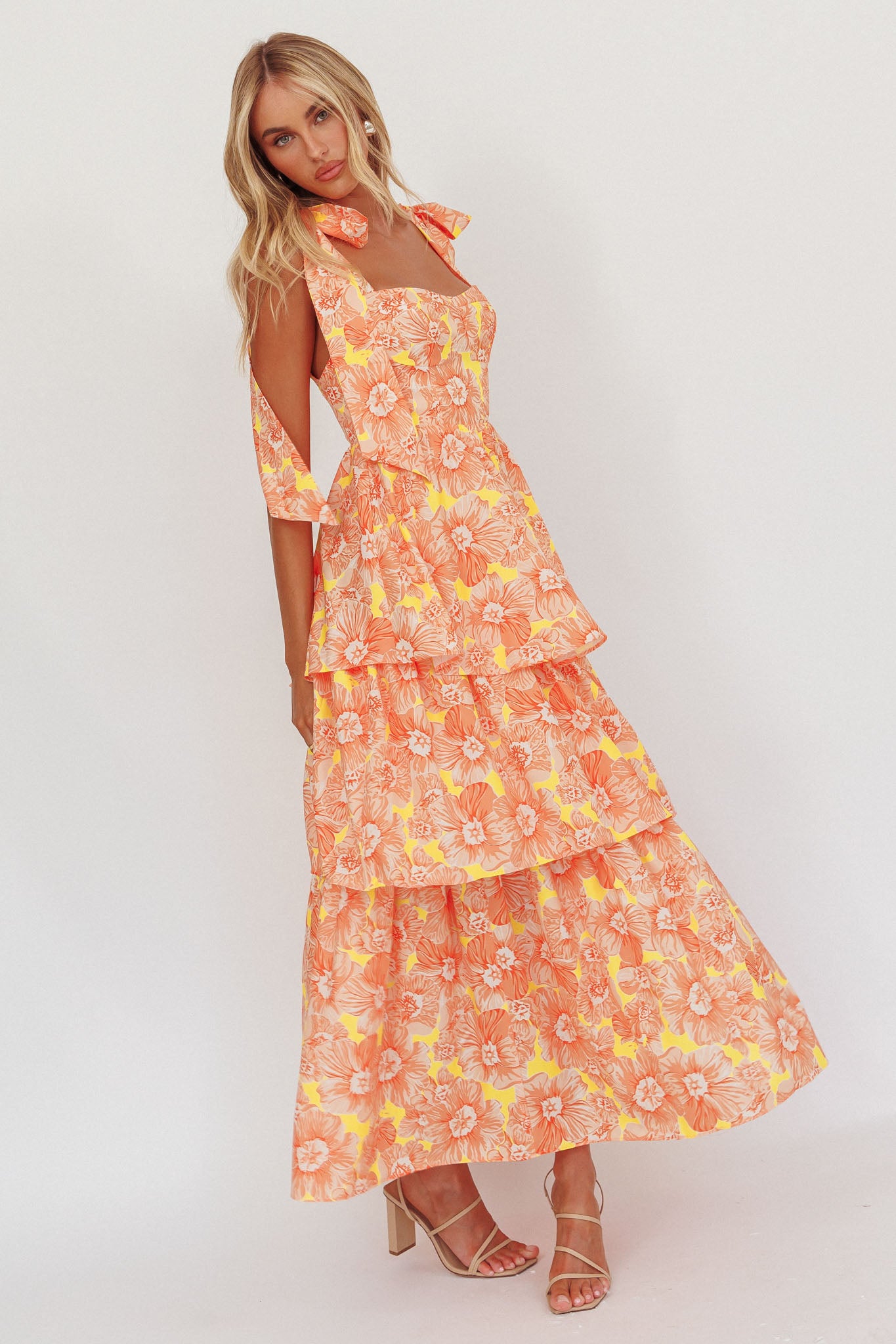 Arlowe Tied Shoulder Tiered Midi Dress Floral Orange by Selfie Leslie