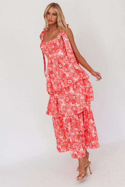 Arlowe Tied Shoulder Tiered Midi Dress Floral Pink - Xs Arlowe Tied Shoulder Tiered Midi Dress Floral Pink - Xs