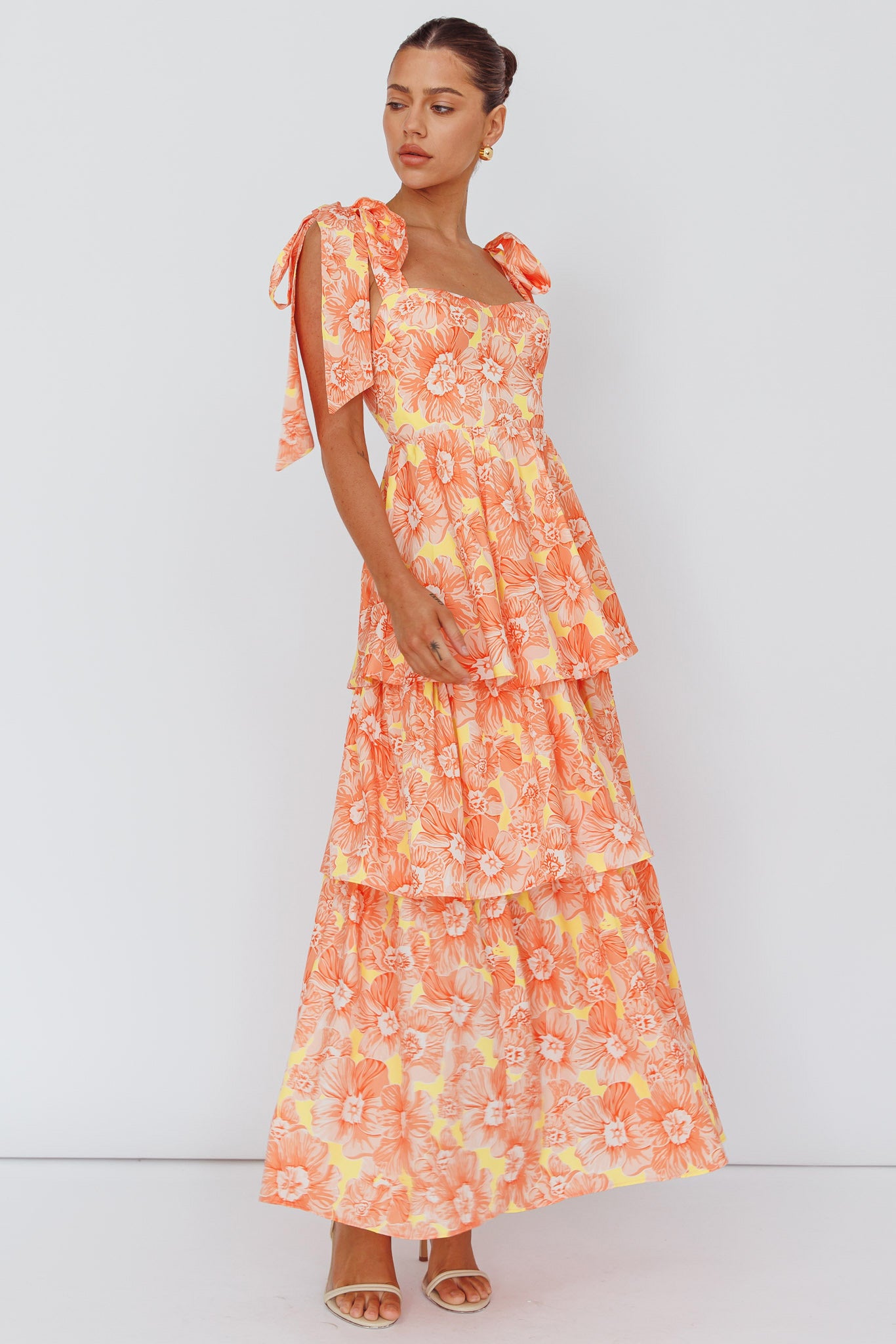 Arlowe Tied Shoulder Tiered Midi Dress Floral Orange by Selfie Leslie