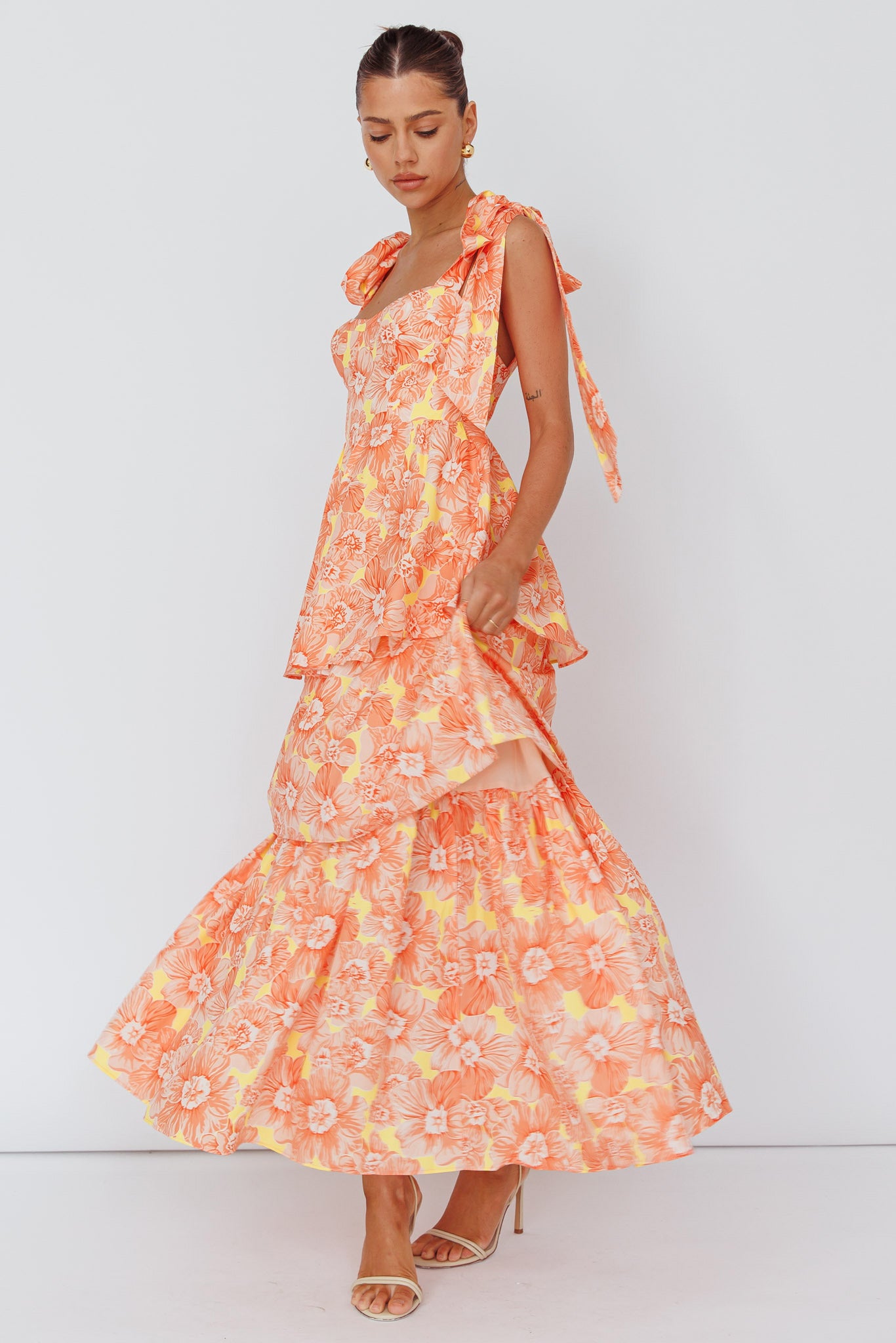 Arlowe Tied Shoulder Tiered Midi Dress Floral Orange by Selfie Leslie