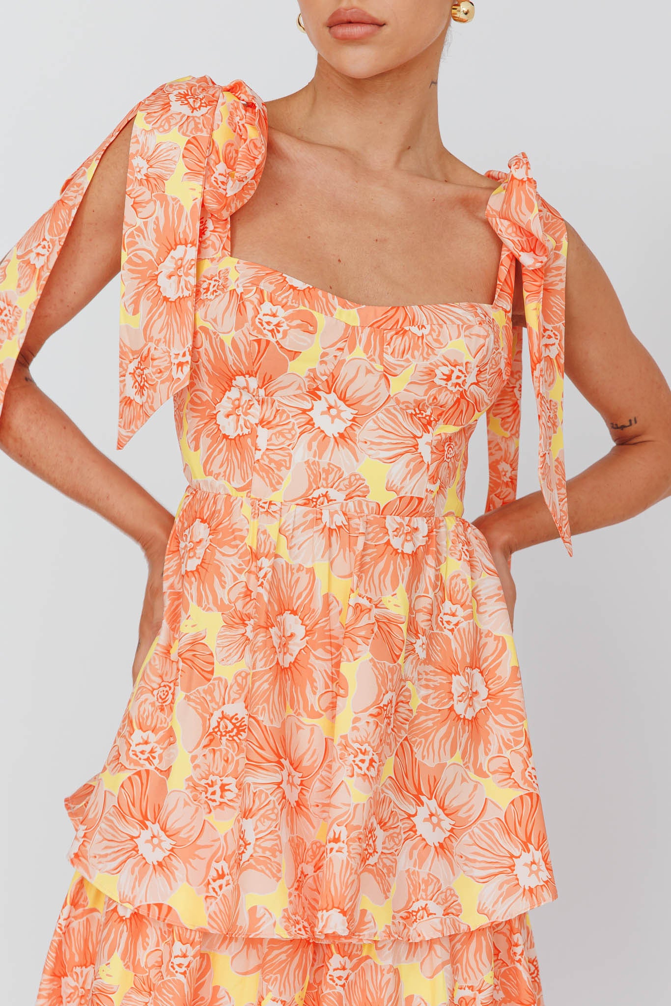 Arlowe Tied Shoulder Tiered Midi Dress Floral Orange by Selfie Leslie