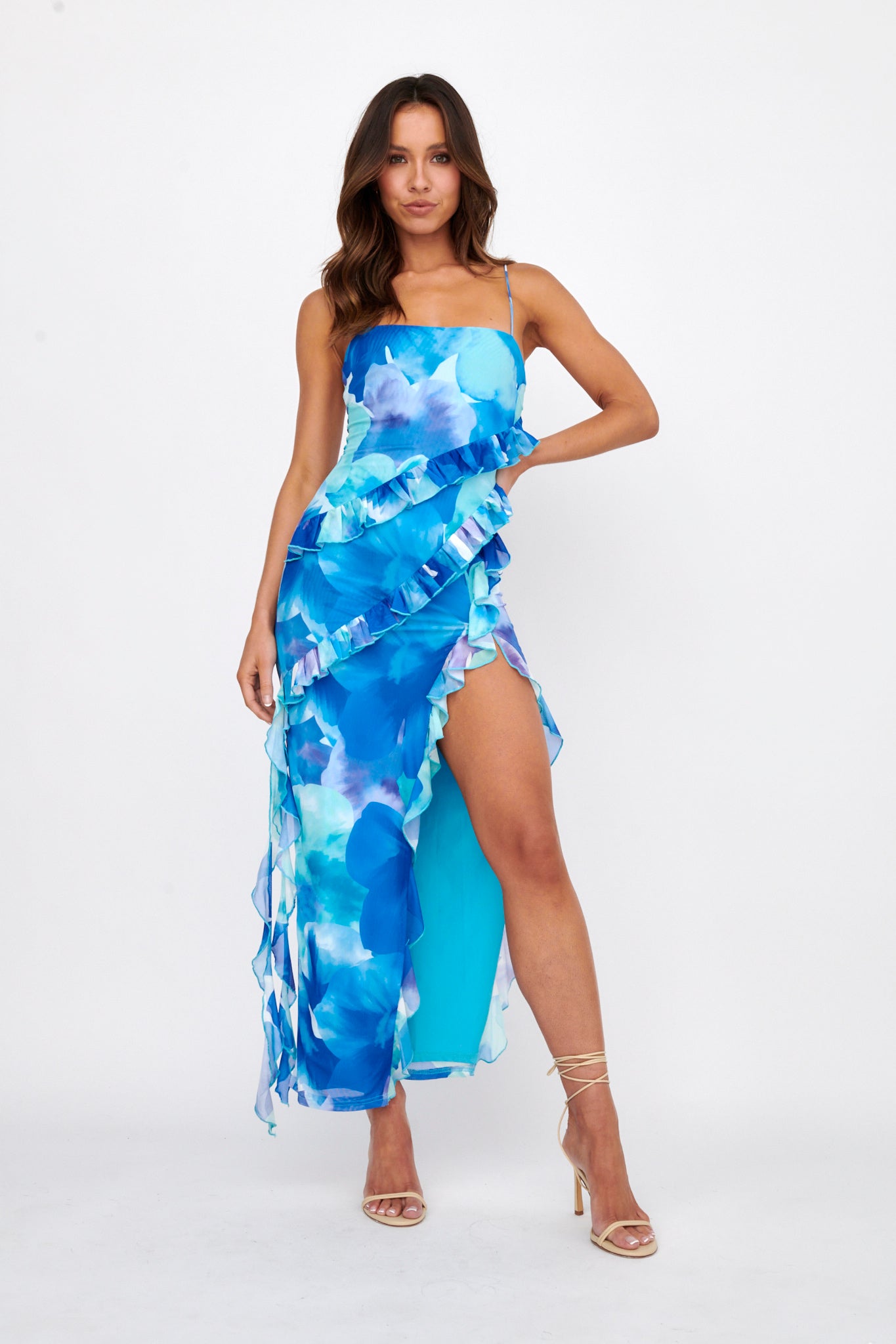 Crush On You Split Ruffle Midi Dress Blue by Selfie Leslie