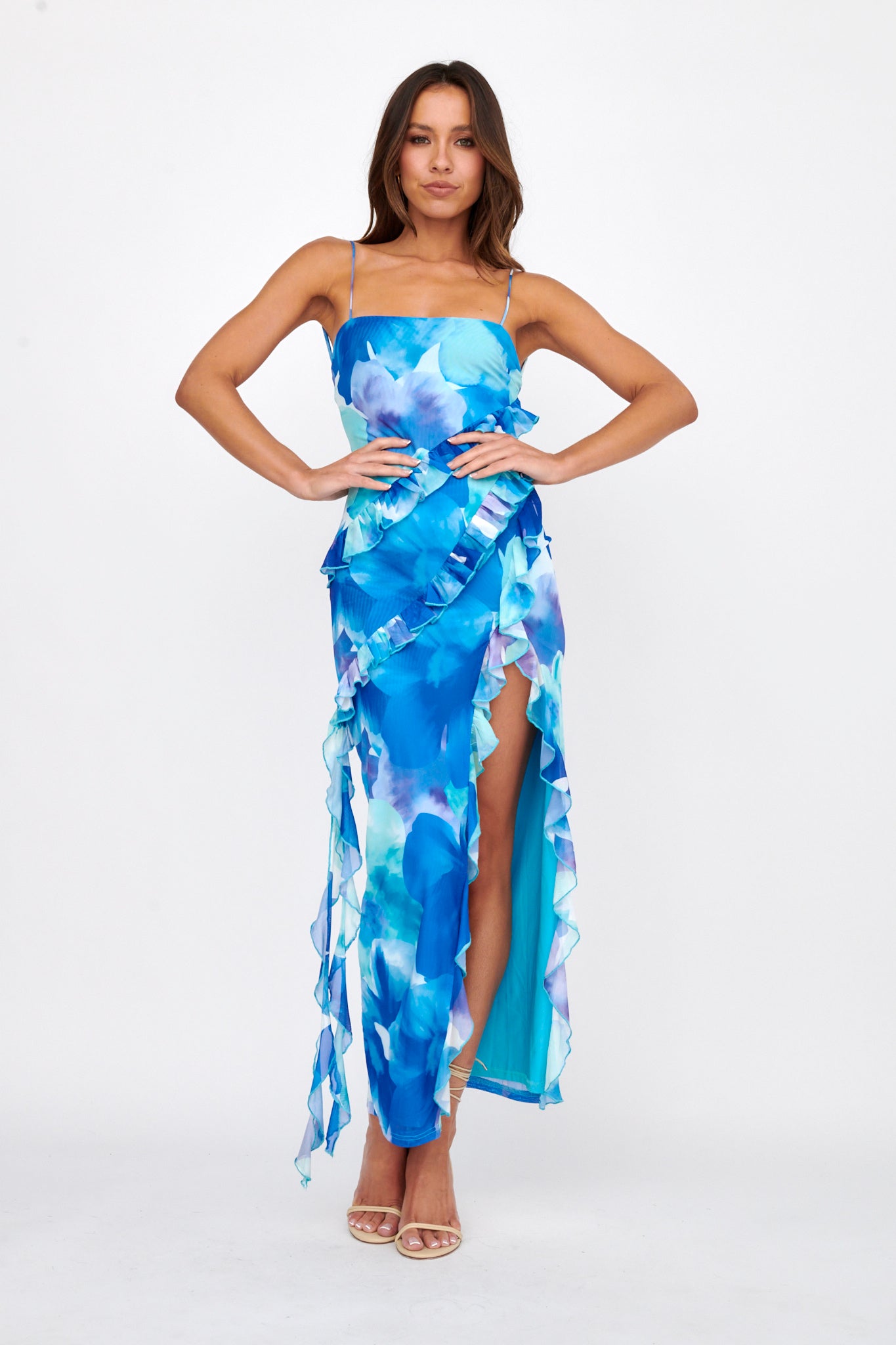 Crush On You Split Ruffle Midi Dress Blue by Selfie Leslie