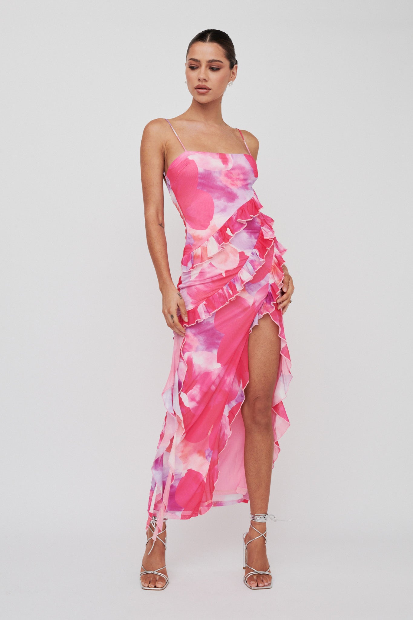 Crush On You Split Ruffle Midi Dress Pink by Selfie Leslie