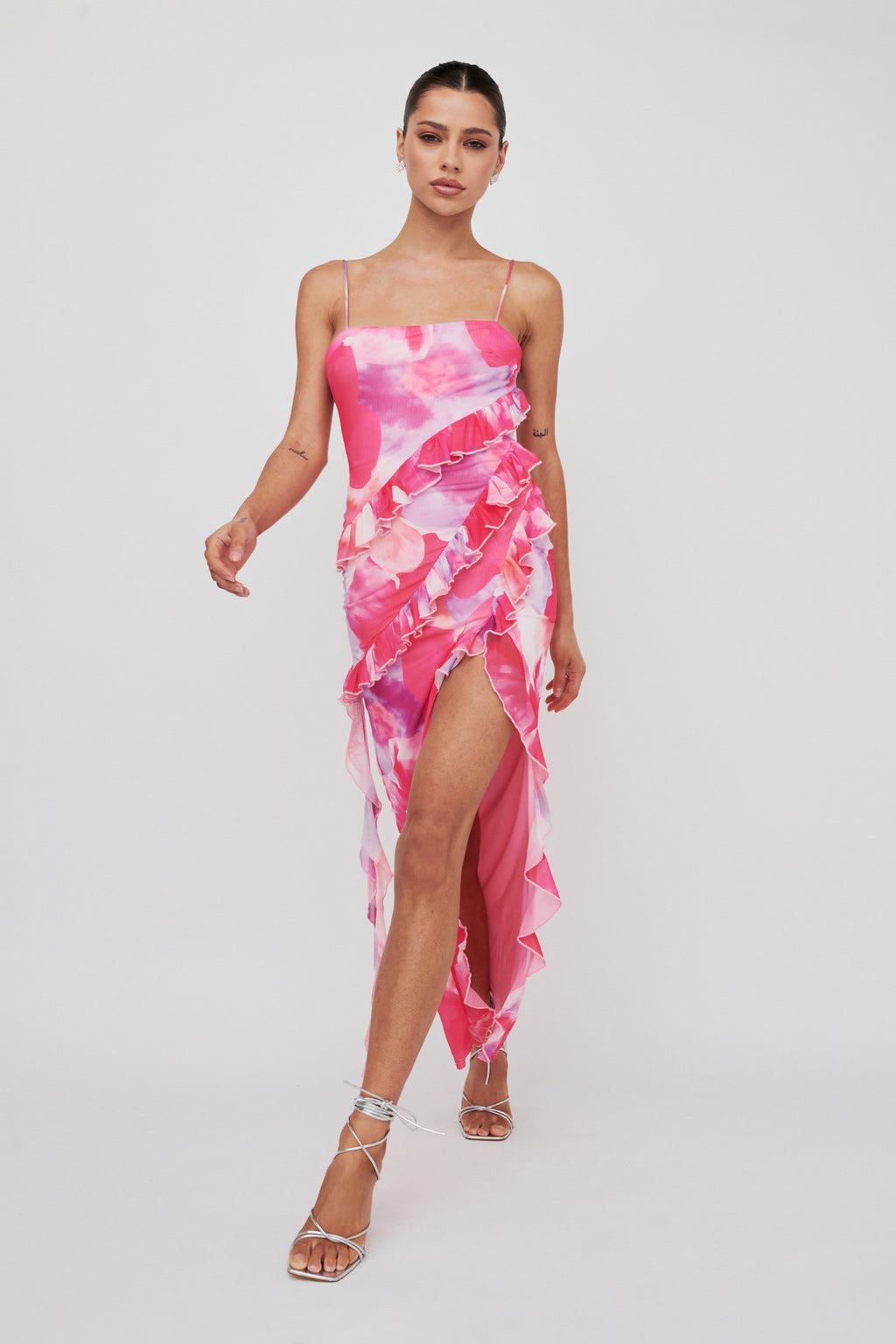 Crush On You Split Ruffle Midi Dress Pink by Selfie Leslie