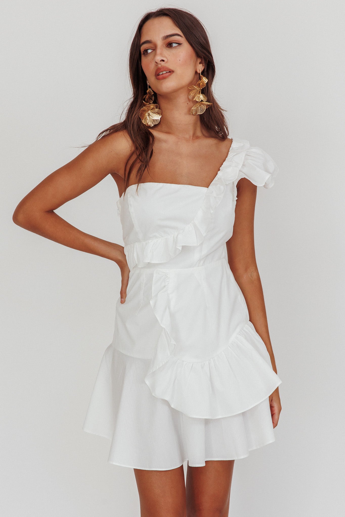 Koko One-Shoulder Ruffle Mini Dress White by Selfie Leslie