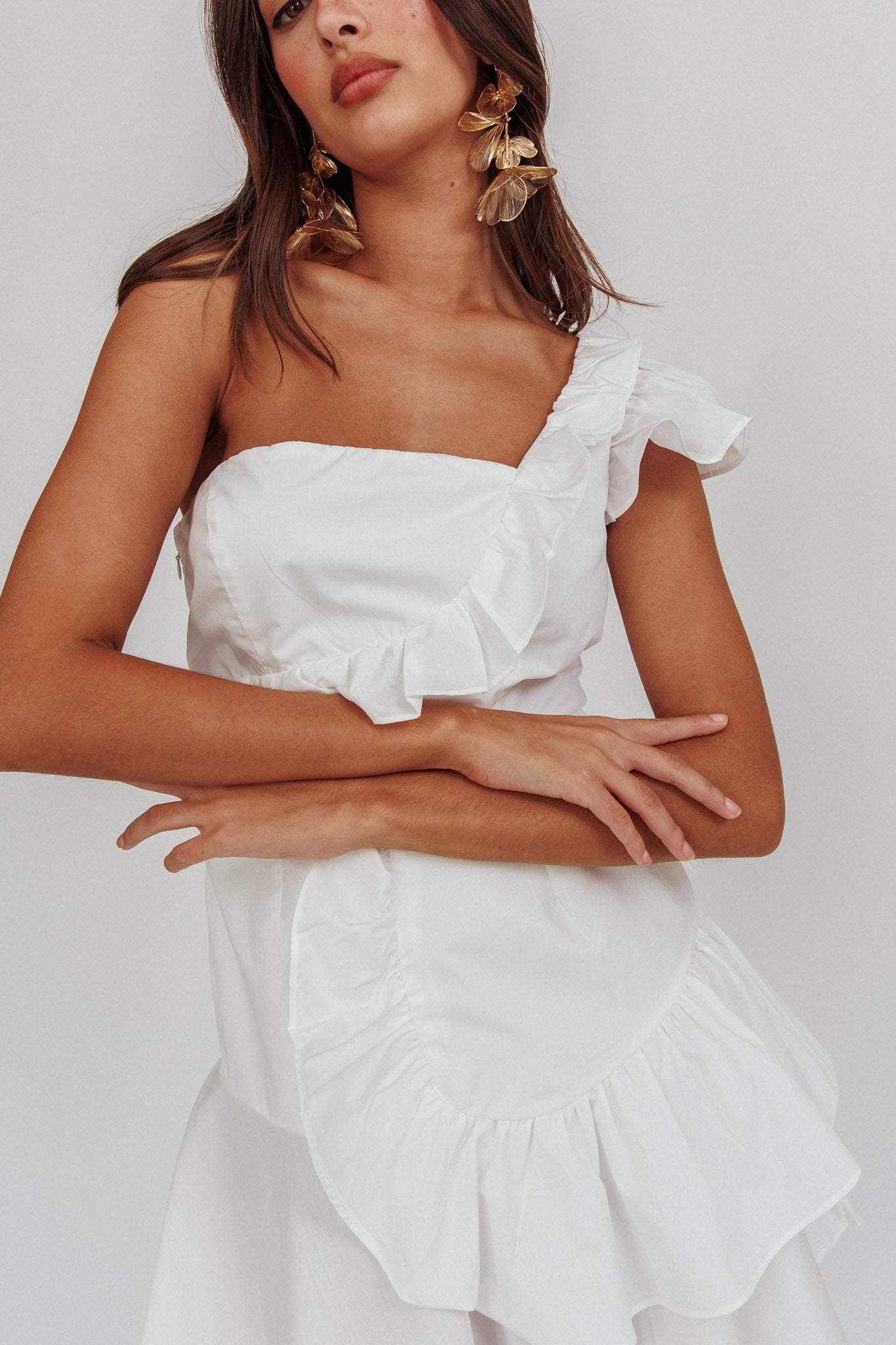 Koko One-Shoulder Ruffle Mini Dress White by Selfie Leslie