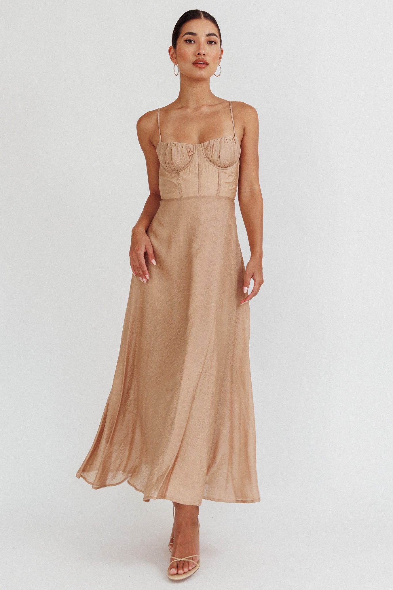 taupe midi dress Fashionably On Time Satin - Ivory and 38/54 Model Specs Think About Me Taupe Midi