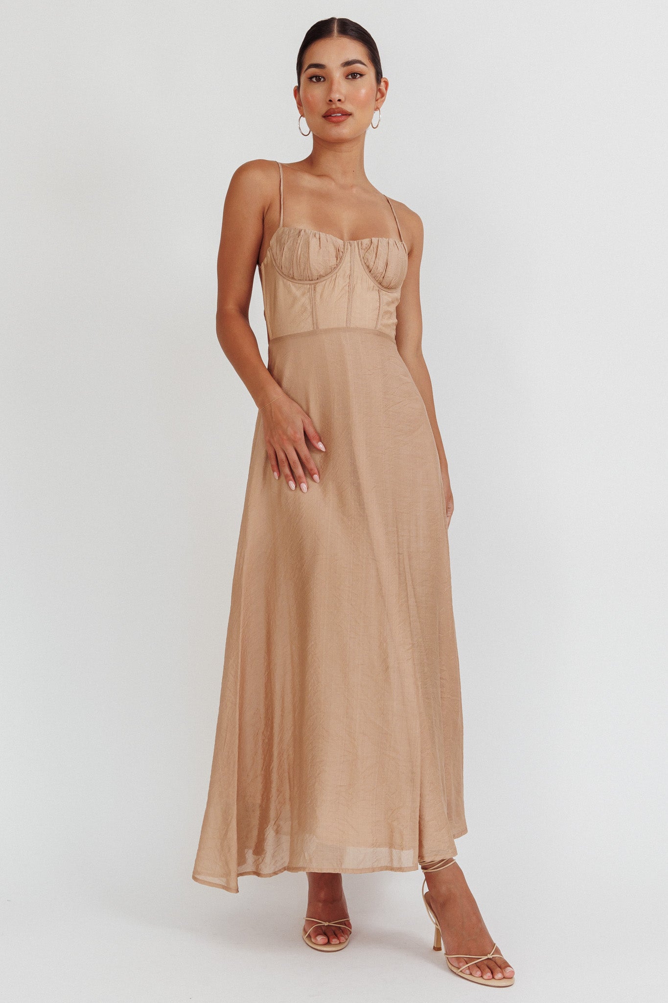 Echoes Tied Back A-Line Midi Dress Taupe– Selfie Leslie