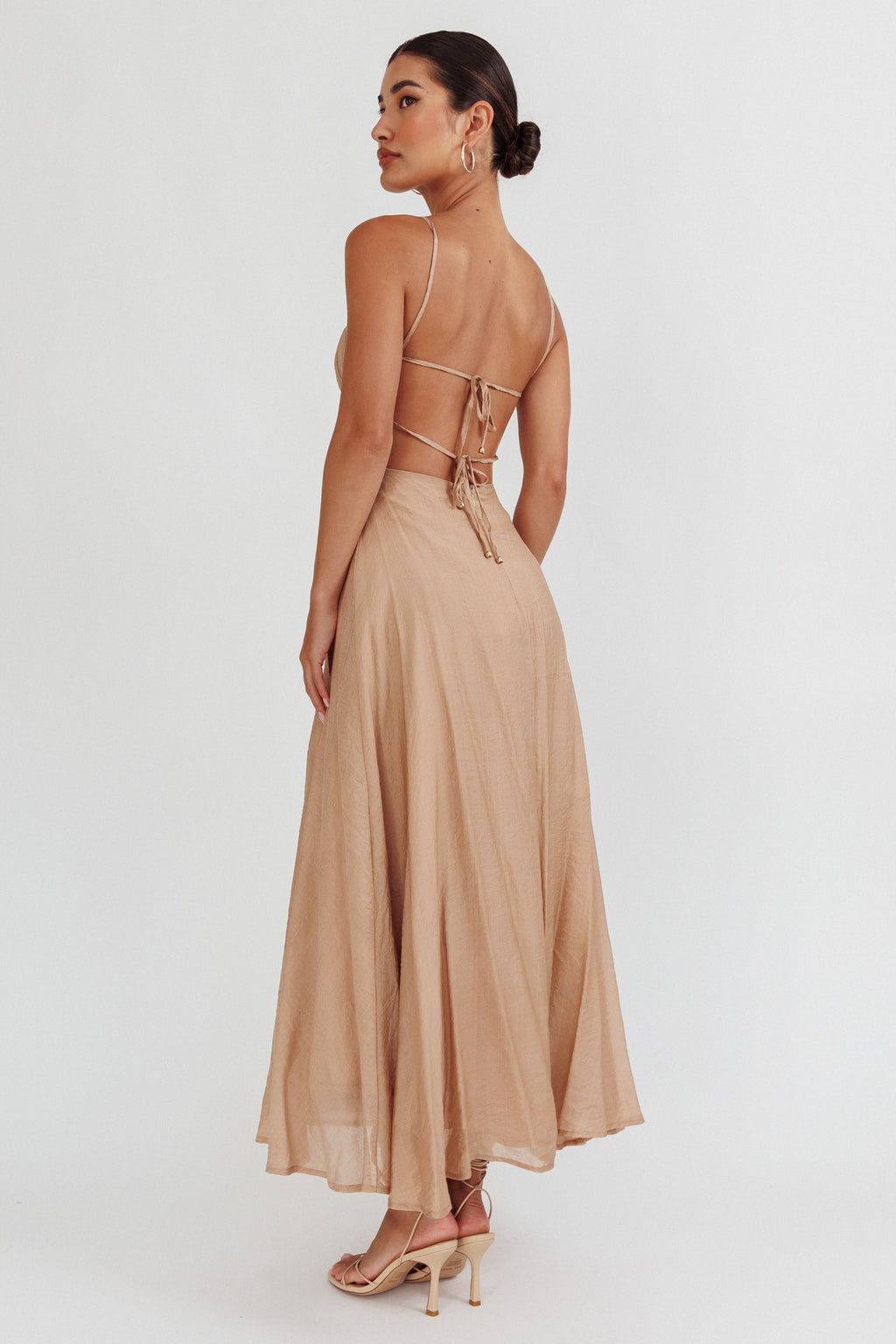 Echoes Tied Back A-Line Midi Dress Taupe by Selfie Leslie