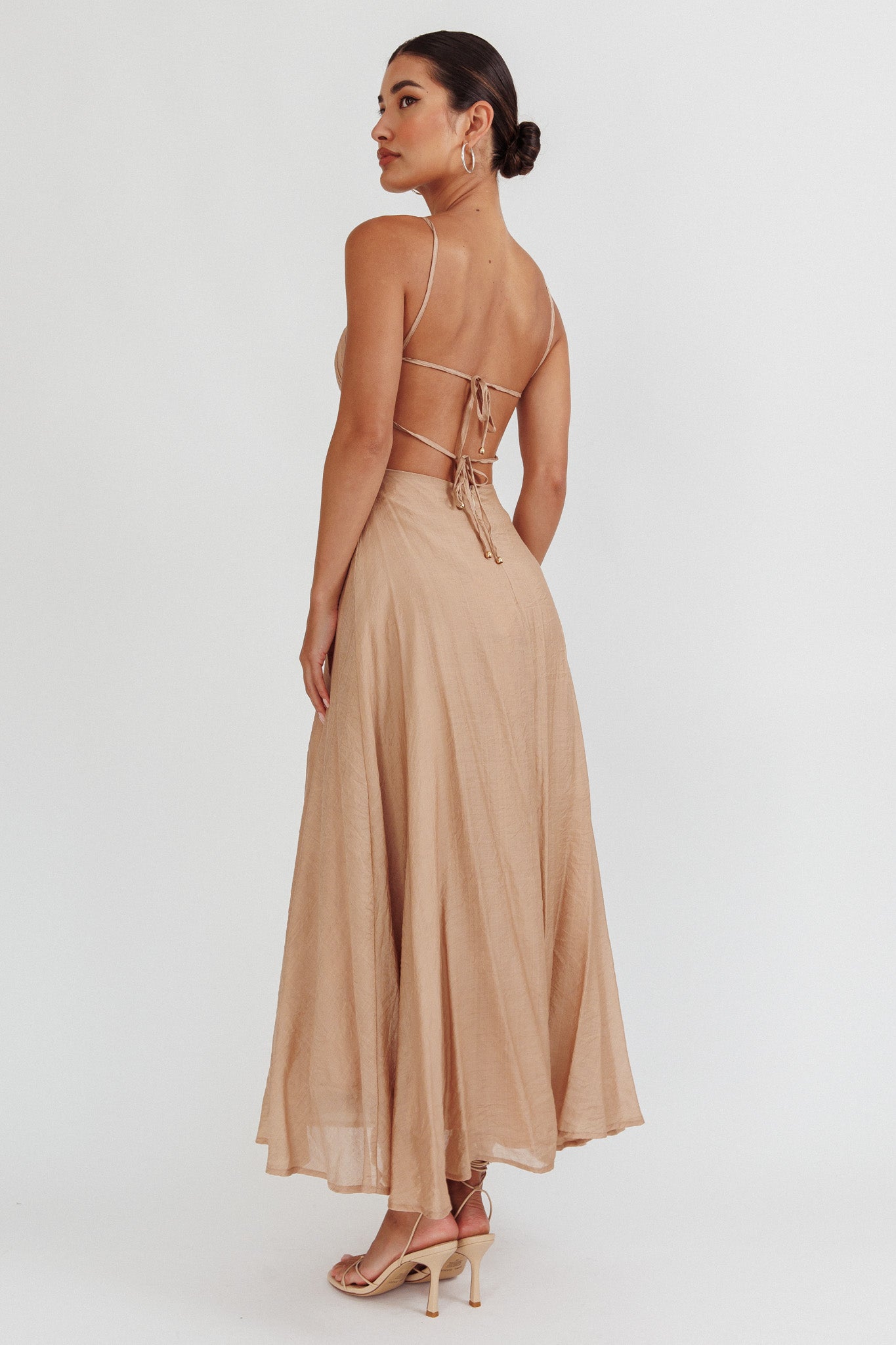 Echoes Tied Back A-Line Midi Dress Taupe by Selfie Leslie