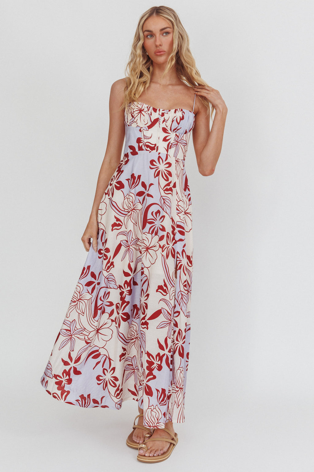 Echoes Tied Back A-Line Midi Dress Floral Lilac by Selfie Leslie