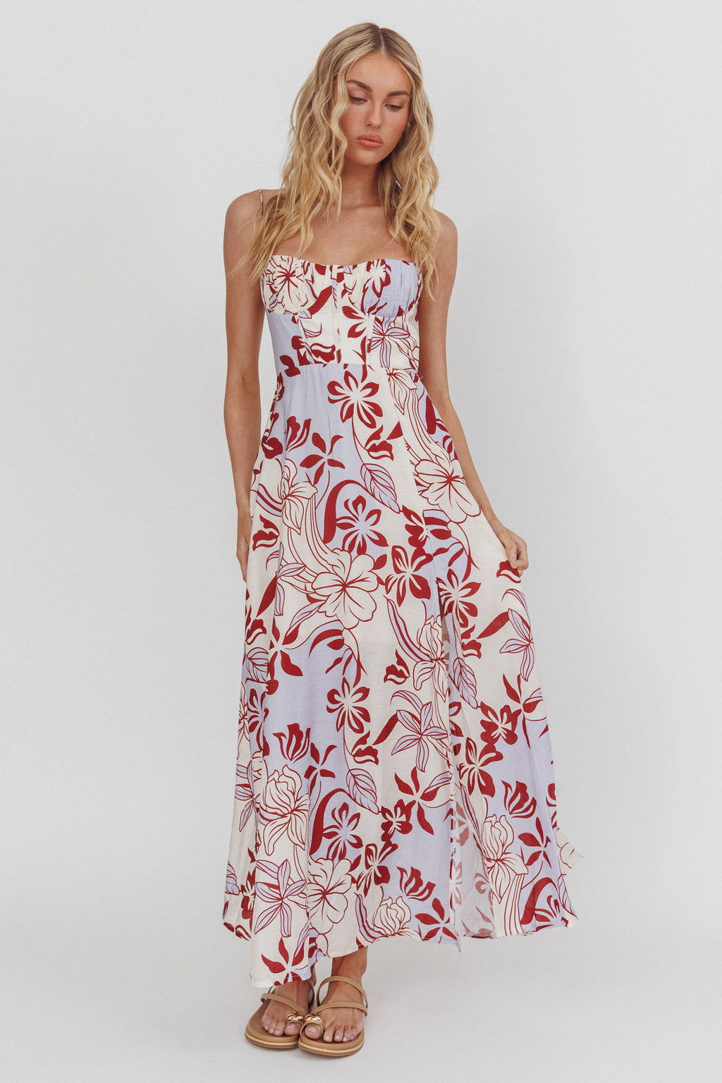 Echoes Tied Back A-Line Midi Dress Floral Lilac by Selfie Leslie