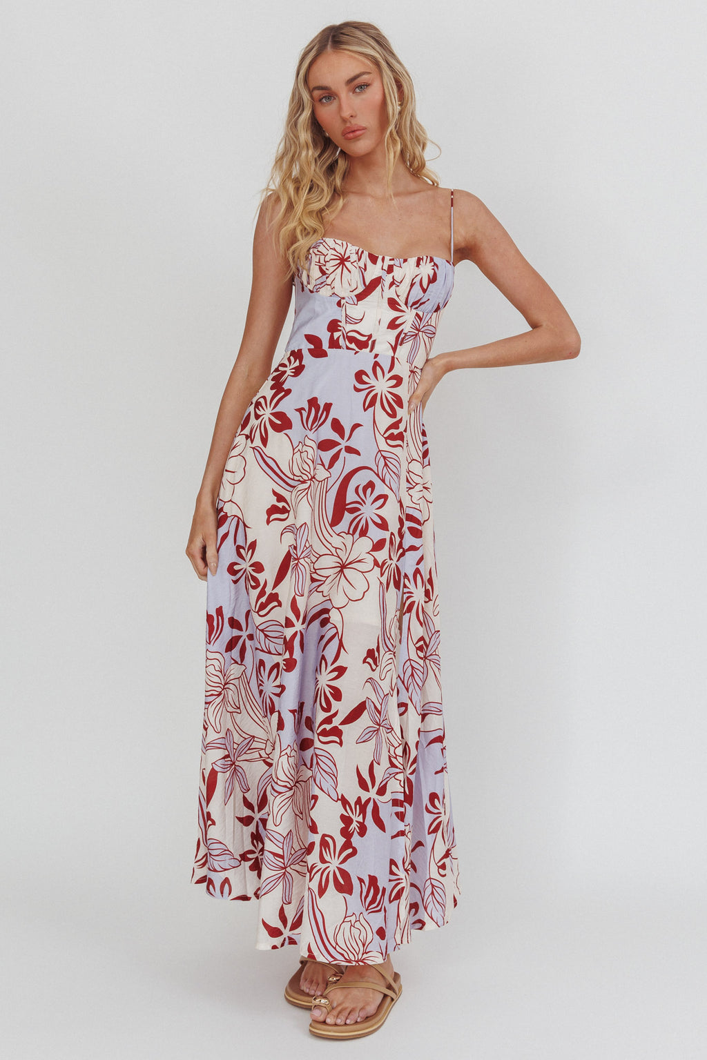 Echoes Tied Back A-Line Midi Dress Floral Lilac by Selfie Leslie