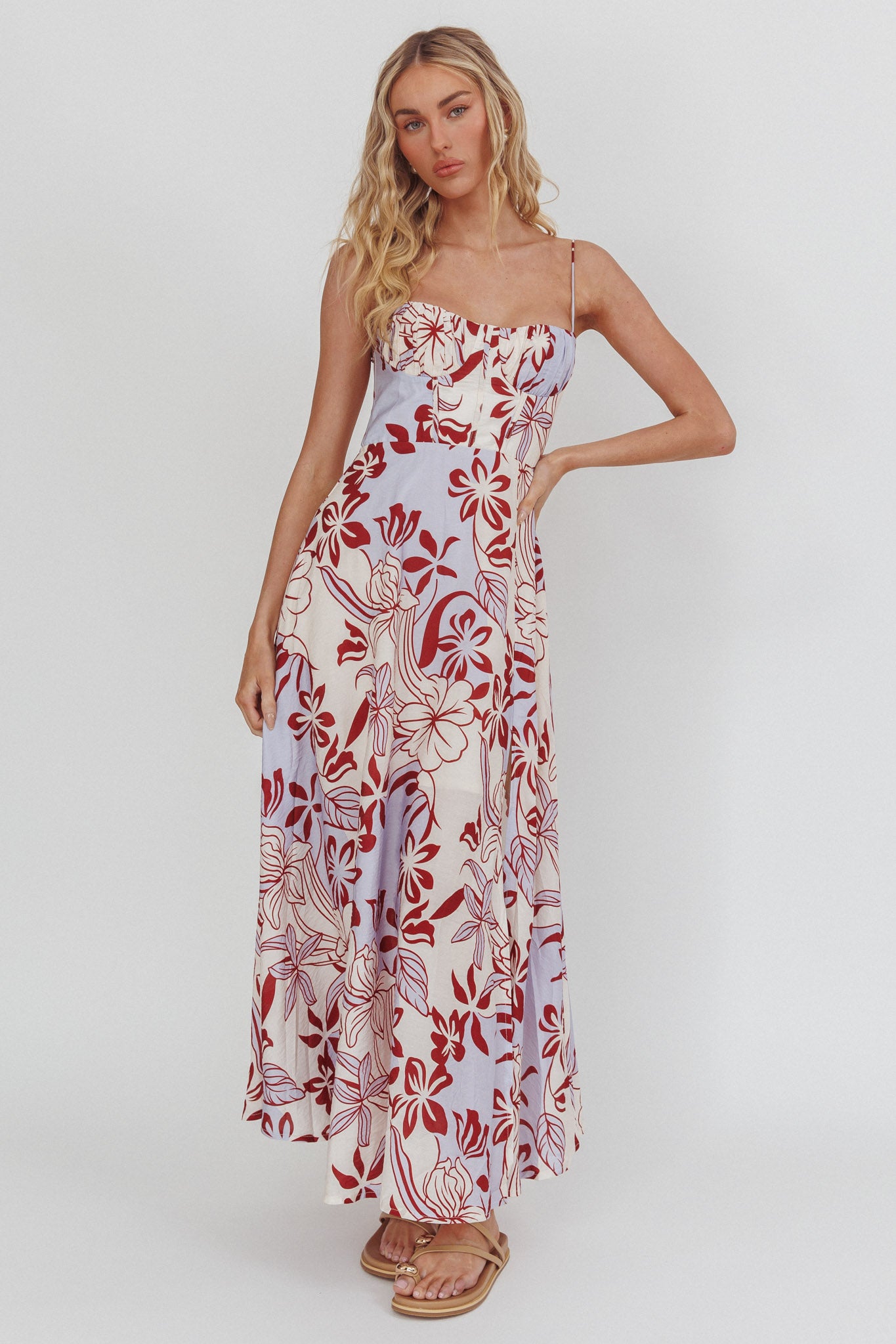 Echoes Tied Back A-Line Midi Dress Floral Lilac by Selfie Leslie