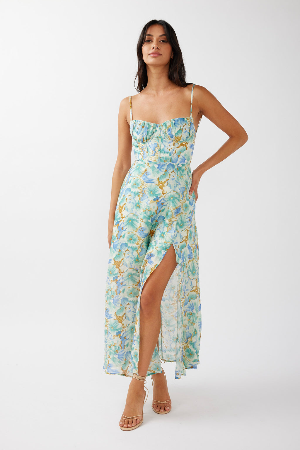 Echoes Tied Back A-Line Midi Dress Floral Green by Selfie Leslie