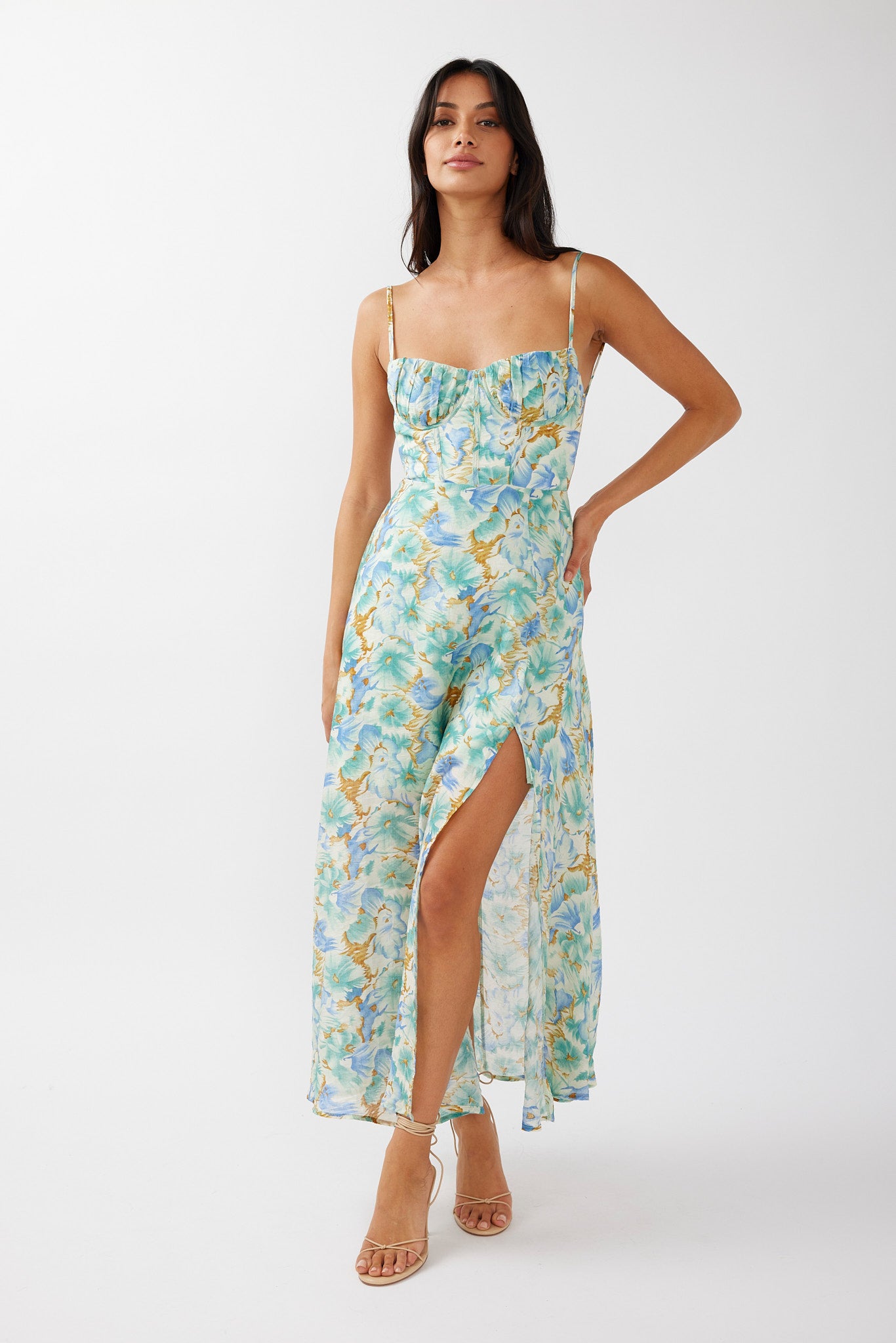 Echoes Tied Back A-Line Midi Dress Floral Green by Selfie Leslie