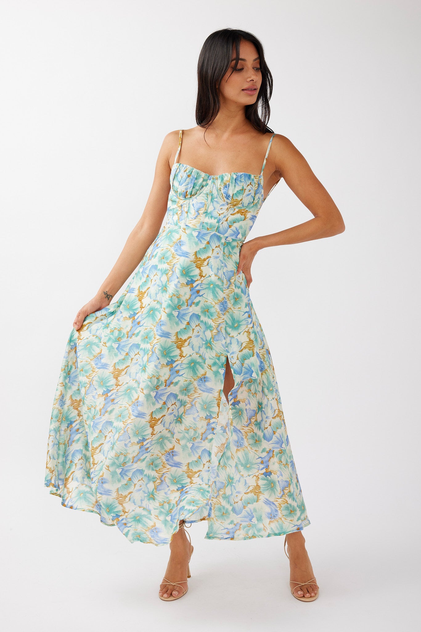 Echoes Tied Back A-Line Midi Dress Floral Green– Selfie Leslie