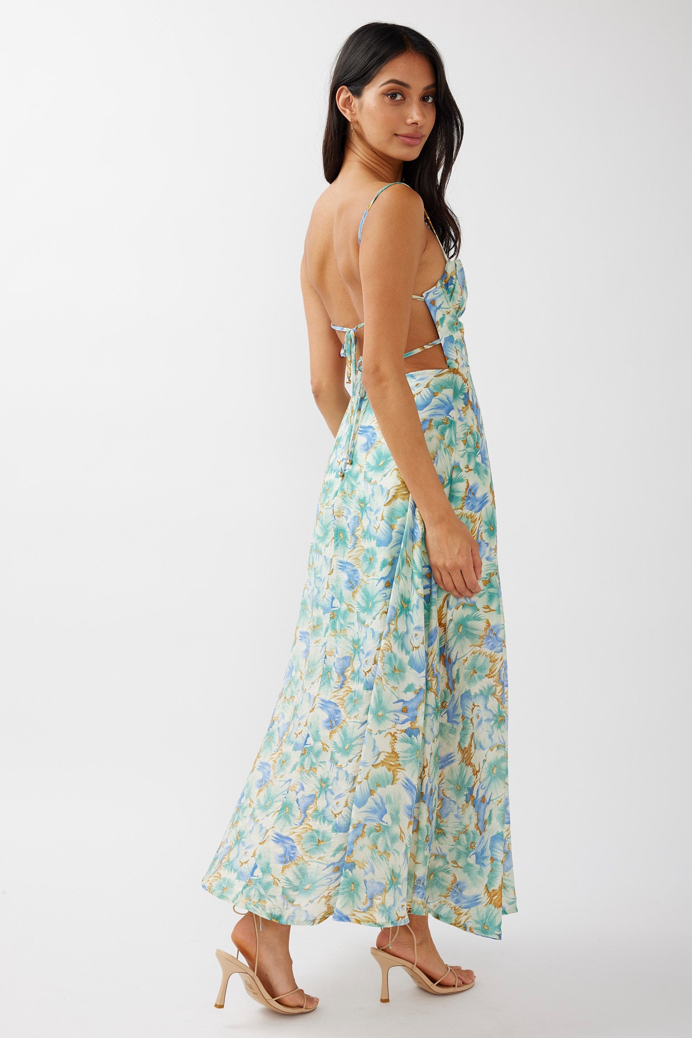 Echoes Tied Back A-Line Midi Dress Floral Green by Selfie Leslie