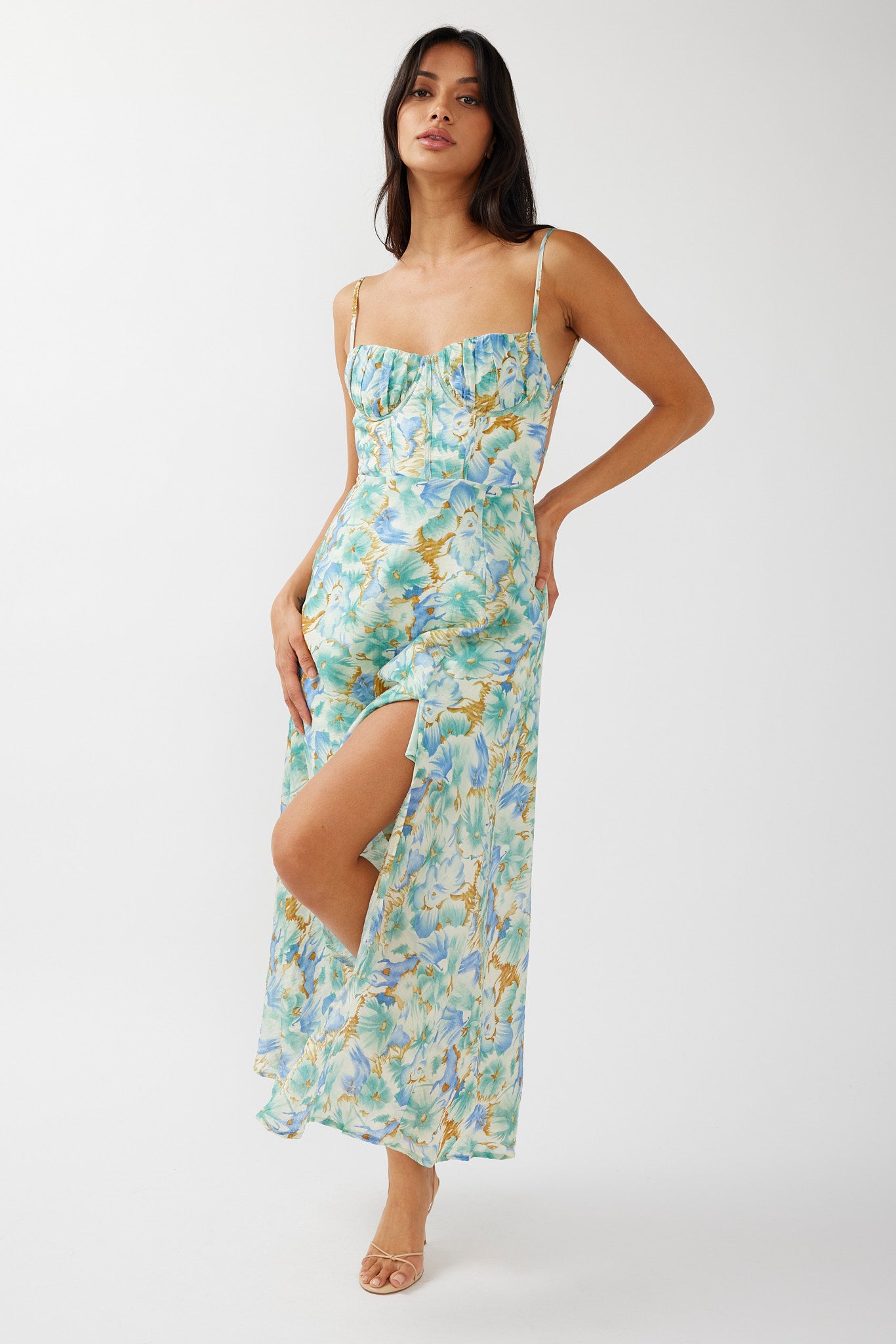 Echoes Tied Back A-Line Midi Dress Floral Green by Selfie Leslie