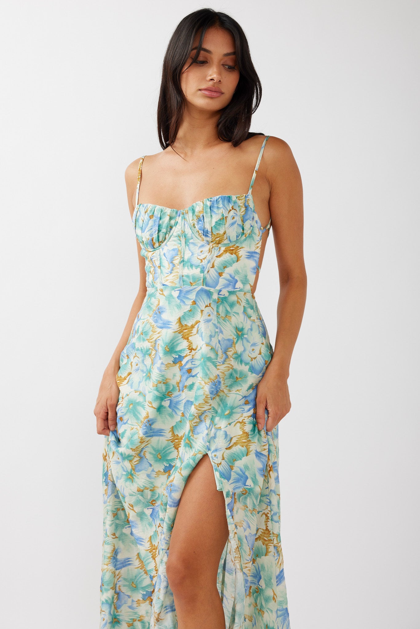 Echoes Tied Back A-Line Midi Dress Floral Green by Selfie Leslie