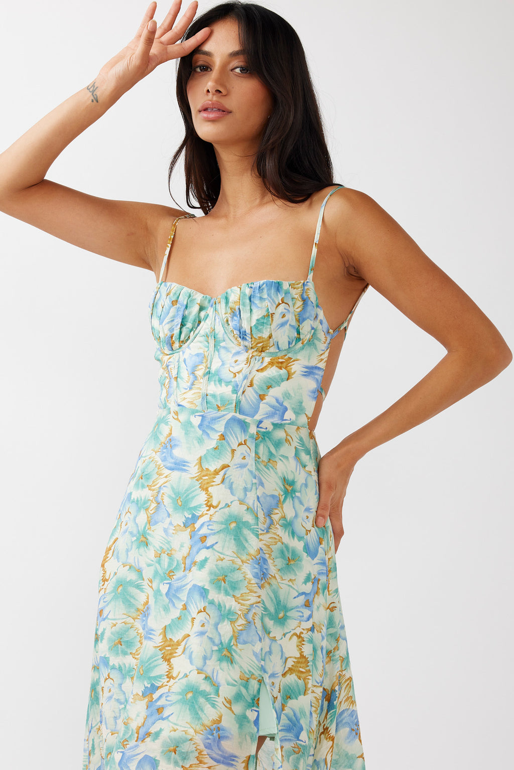 Echoes Tied Back A-Line Midi Dress Floral Green by Selfie Leslie