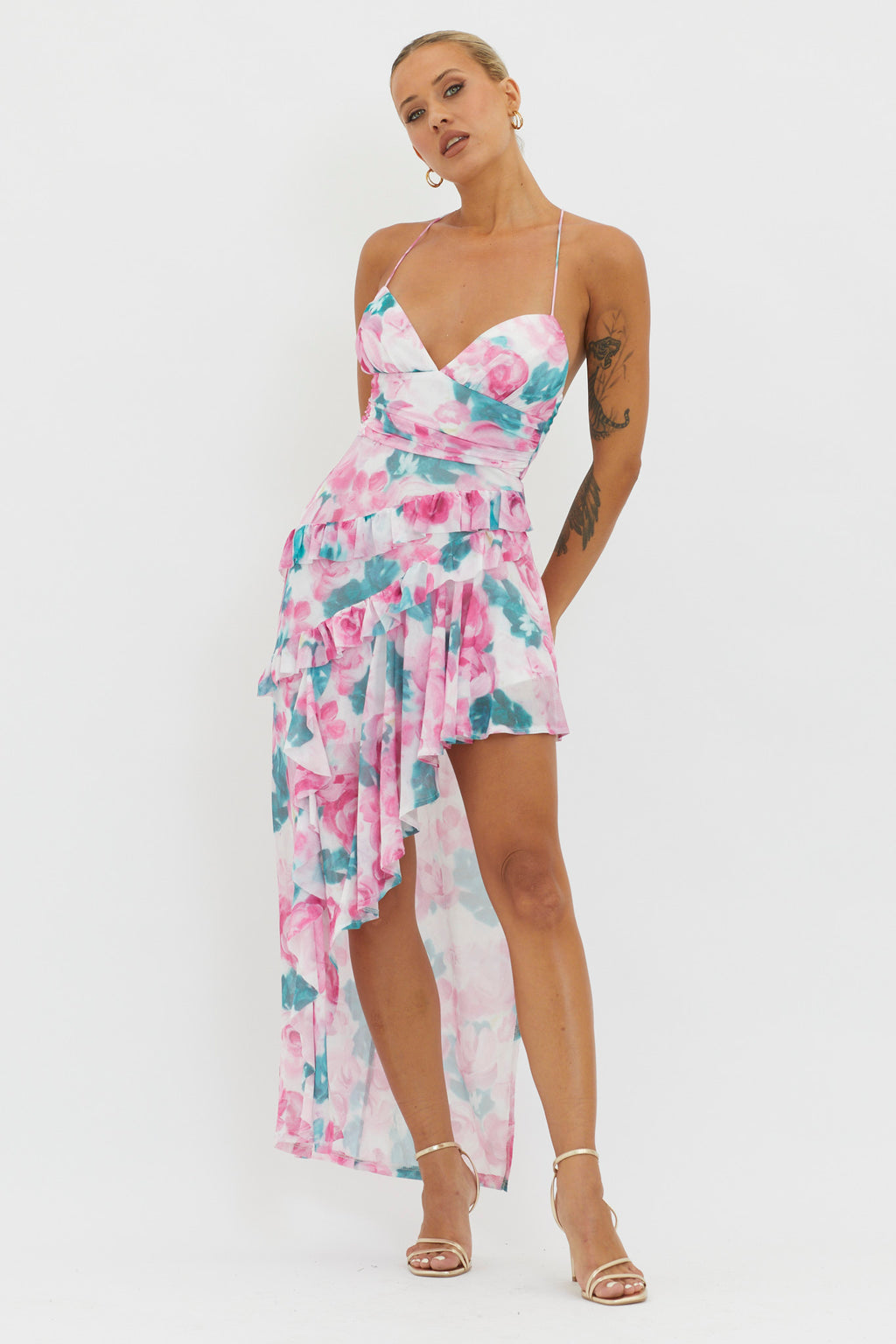 Check Mate Frill Trim Cut-Out Split Dress Floral Pink by Selfie Leslie