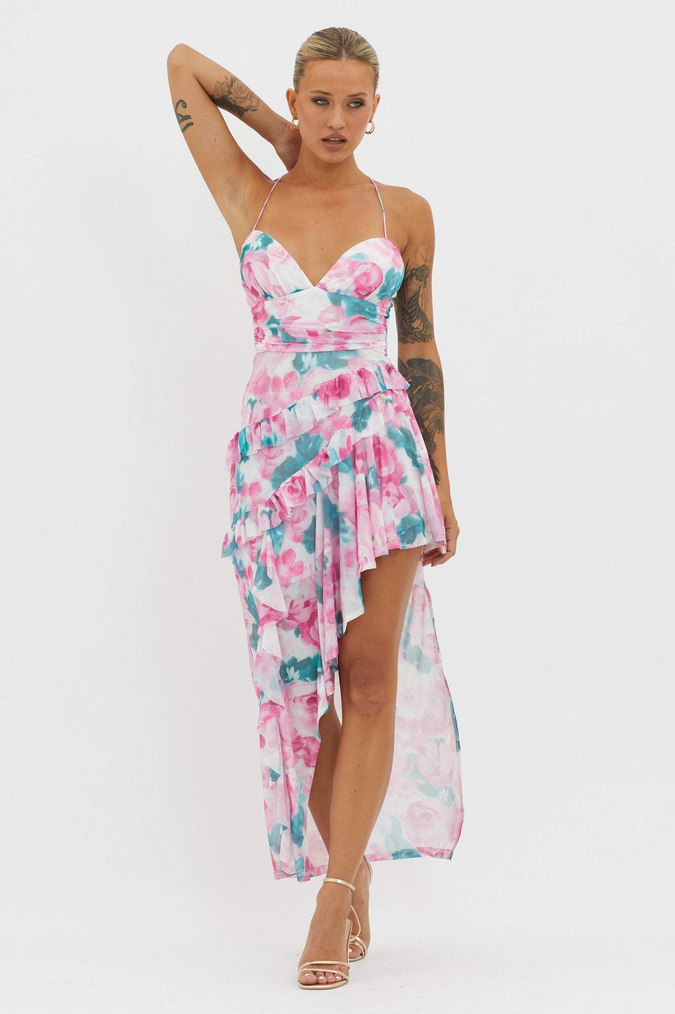 Check Mate Frill Trim Cut-Out Split Dress Floral Pink by Selfie Leslie