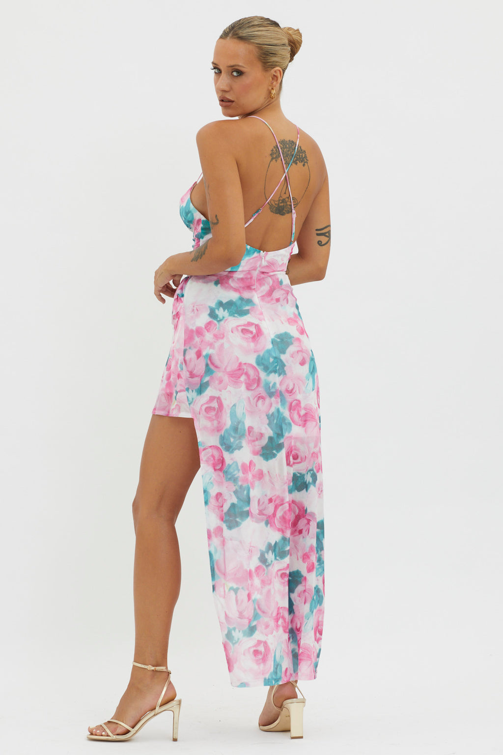 Check Mate Frill Trim Cut-Out Split Dress Floral Pink by Selfie Leslie