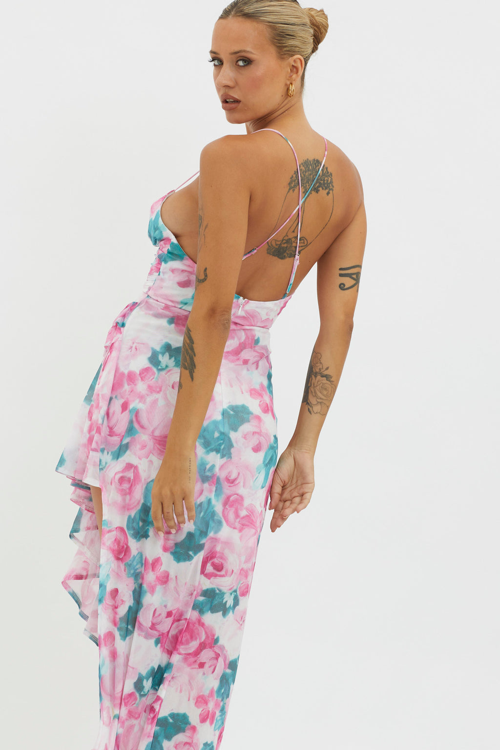 Check Mate Frill Trim Cut-Out Split Dress Floral Pink by Selfie Leslie