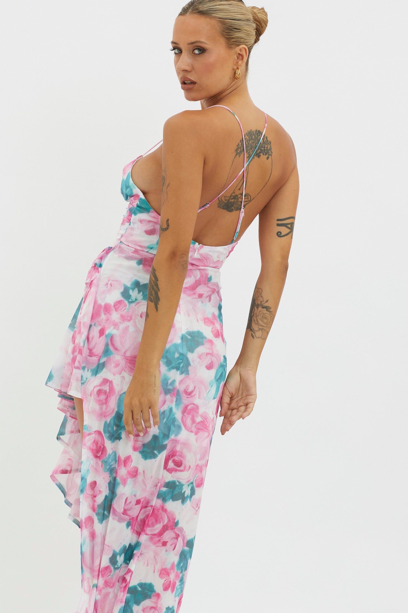 Check Mate Frill Trim Cut-Out Split Dress Floral Pink by Selfie Leslie