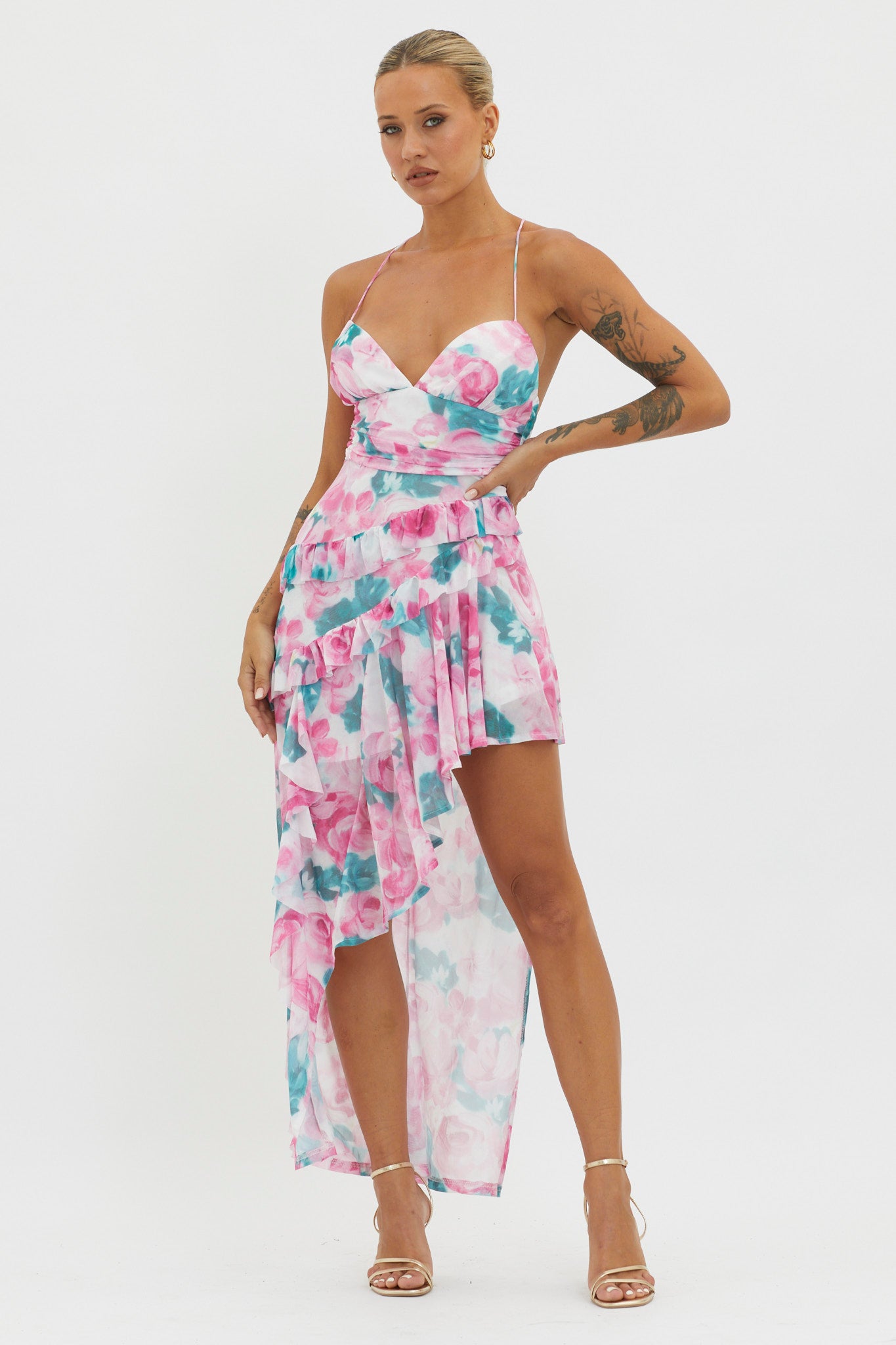 Check Mate Frill Trim Cut-Out Split Dress Floral Pink by Selfie Leslie