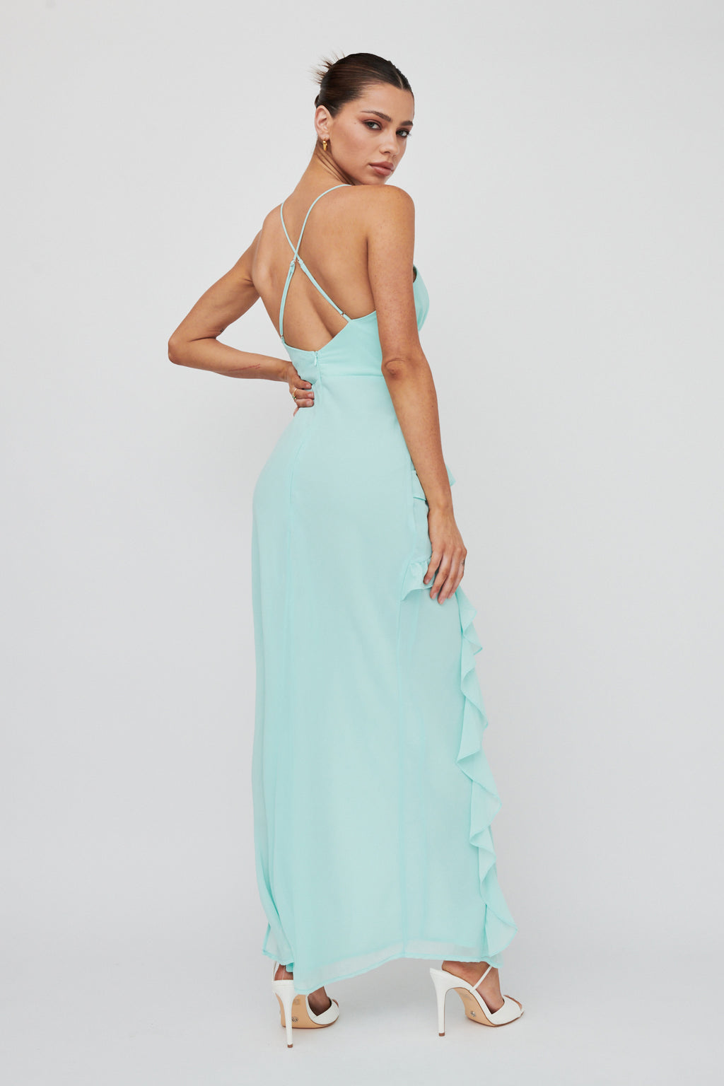 Check Mate Frill Trim Cut-Out Split Dress Mint by Selfie Leslie